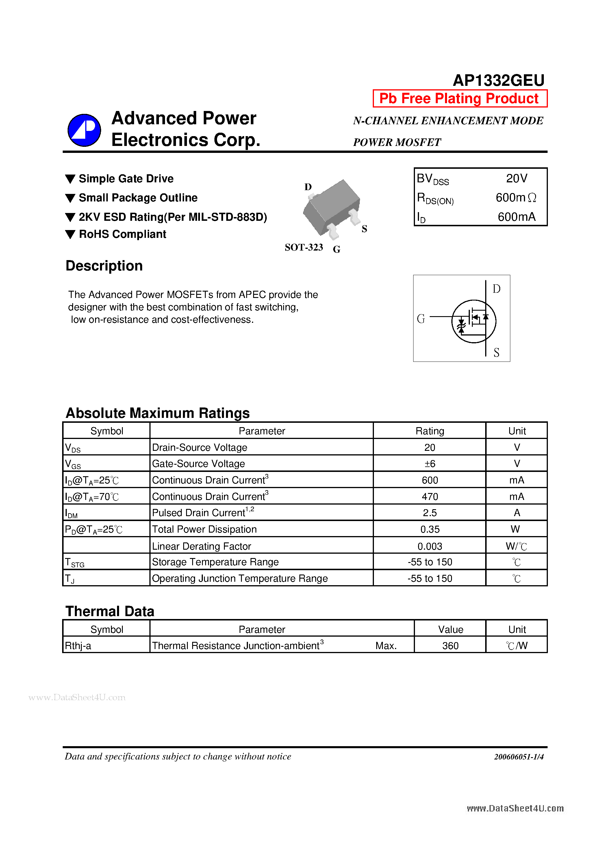 Datasheet AP1332GEU - N-CHANNEL ENHANCEMENT MODE POWER MOSFET page 1