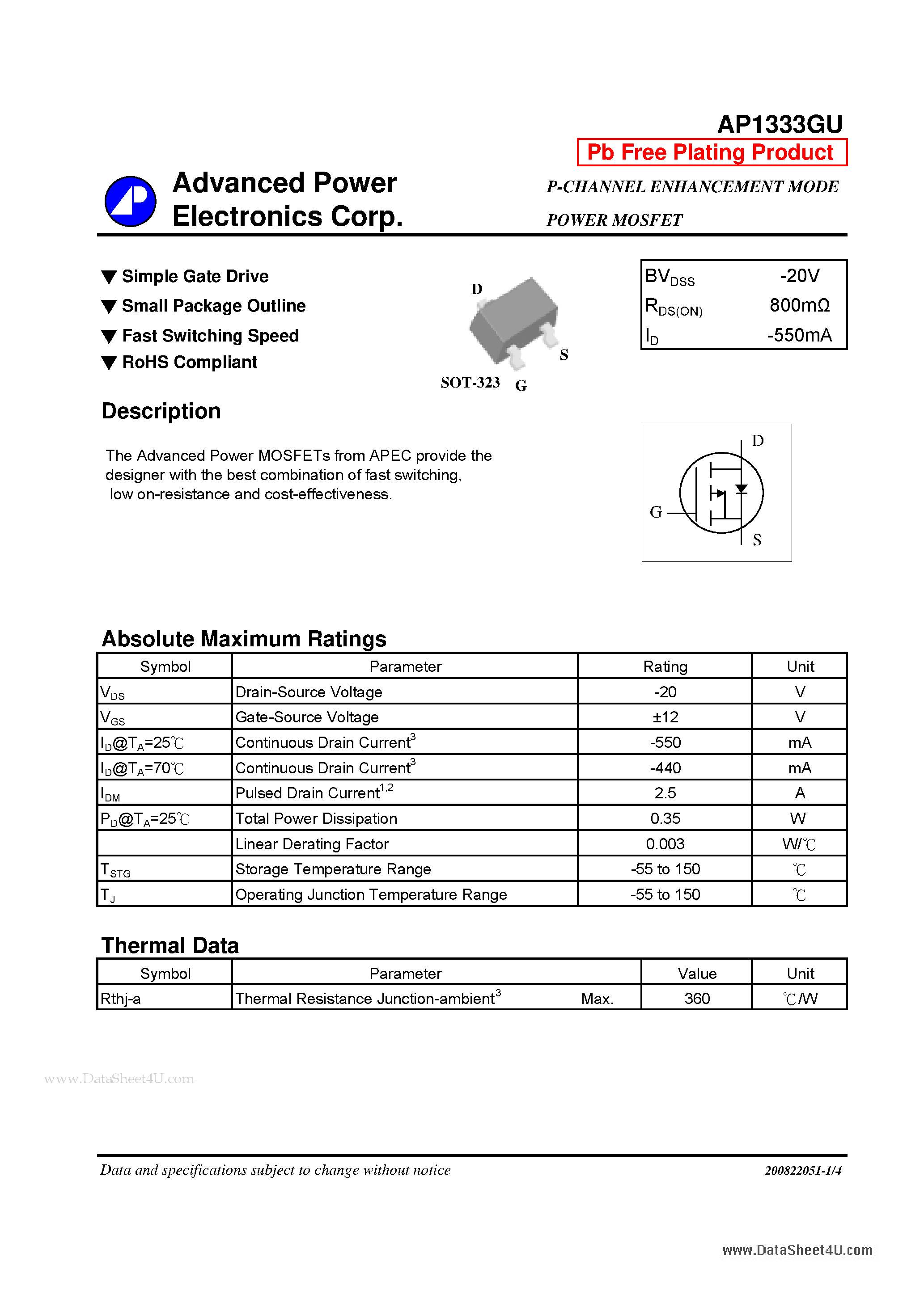 Даташит AP1333GU - P-CHANNEL ENHANCEMENT MODE POWER MOSFET страница 1