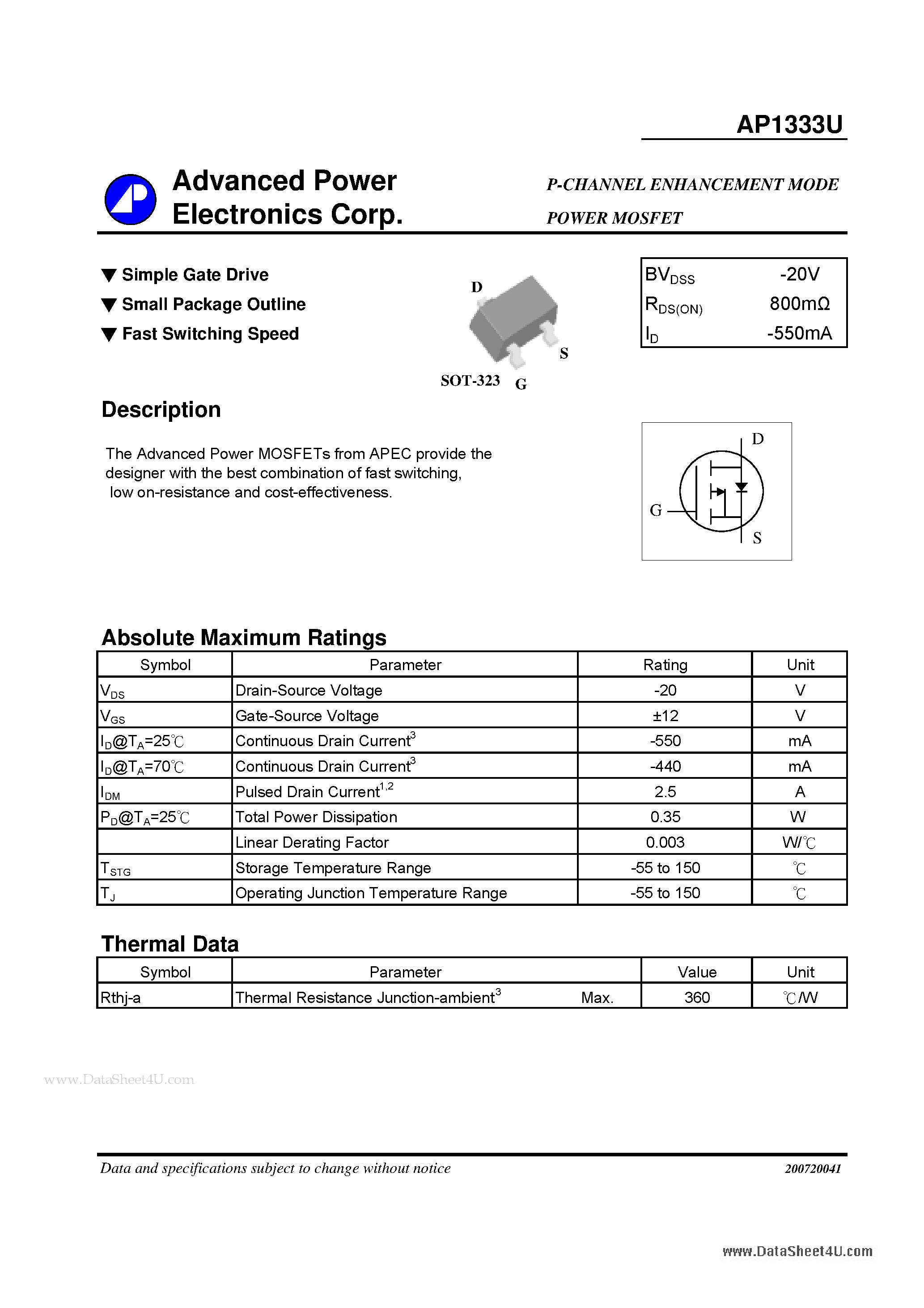 Даташит AP1333U - P-CHANNEL ENHANCEMENT MODE POWER MOSFET страница 1