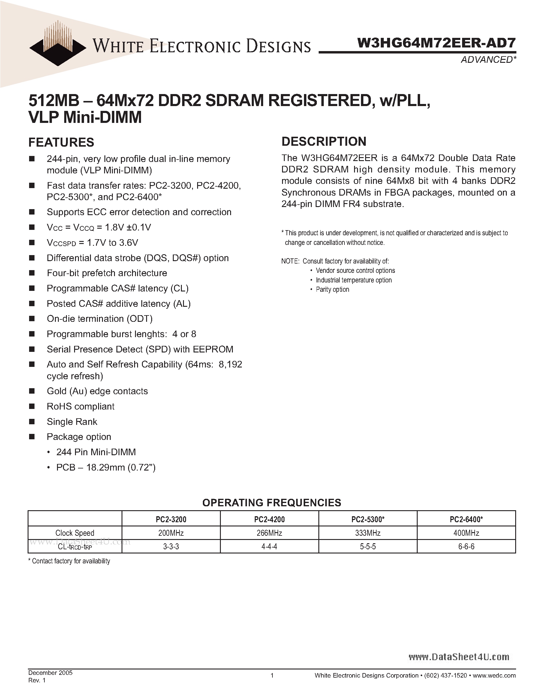 Даташит W3HG64M72EER-AD7 - 512MB - 64Mx72 DDR2 SDRAM REGISTERED страница 1