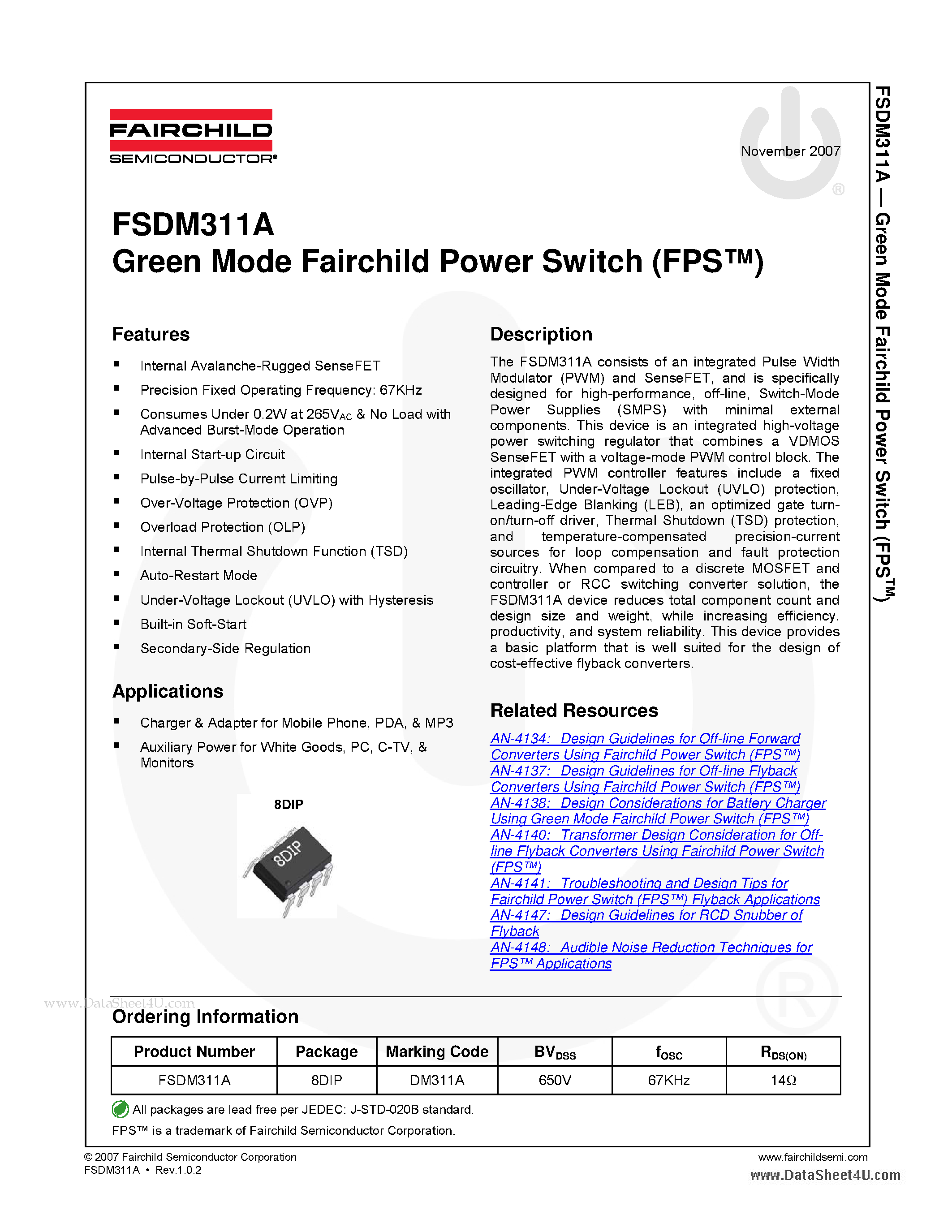 Даташит на микросхему FSDM311A страница 1 Даташит FSDM311A - Green Mode Fairchild Power Switch страница 1