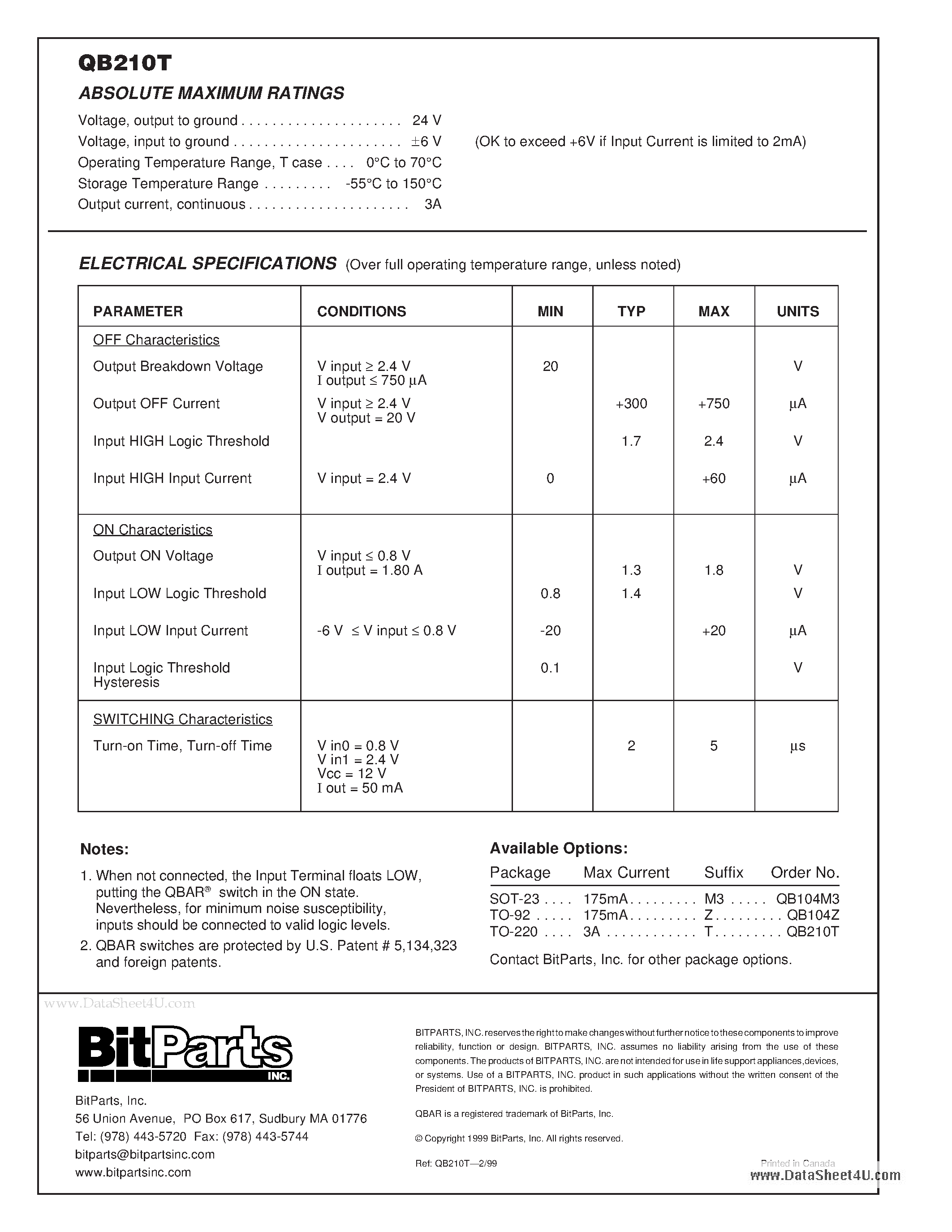 Datasheet QB210T page 2 Datasheet QB210T - Normally-closed Switch page 2