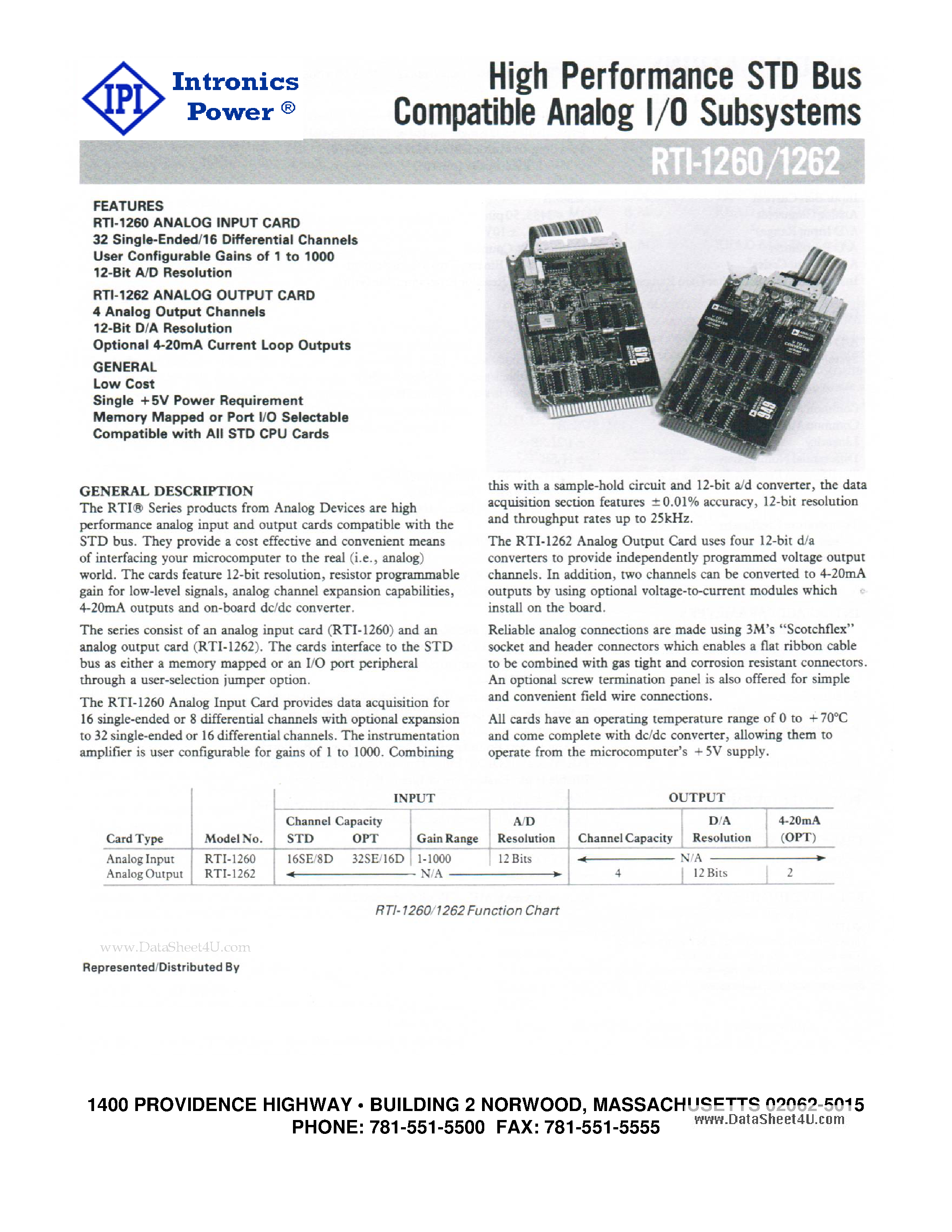 Datasheet RIT-1260 page 1 Datasheet RIT-1260 - (RIT-1260 / RIT-1262) High Performance STD Bus Compatible Analog I/O Subsystems page 1