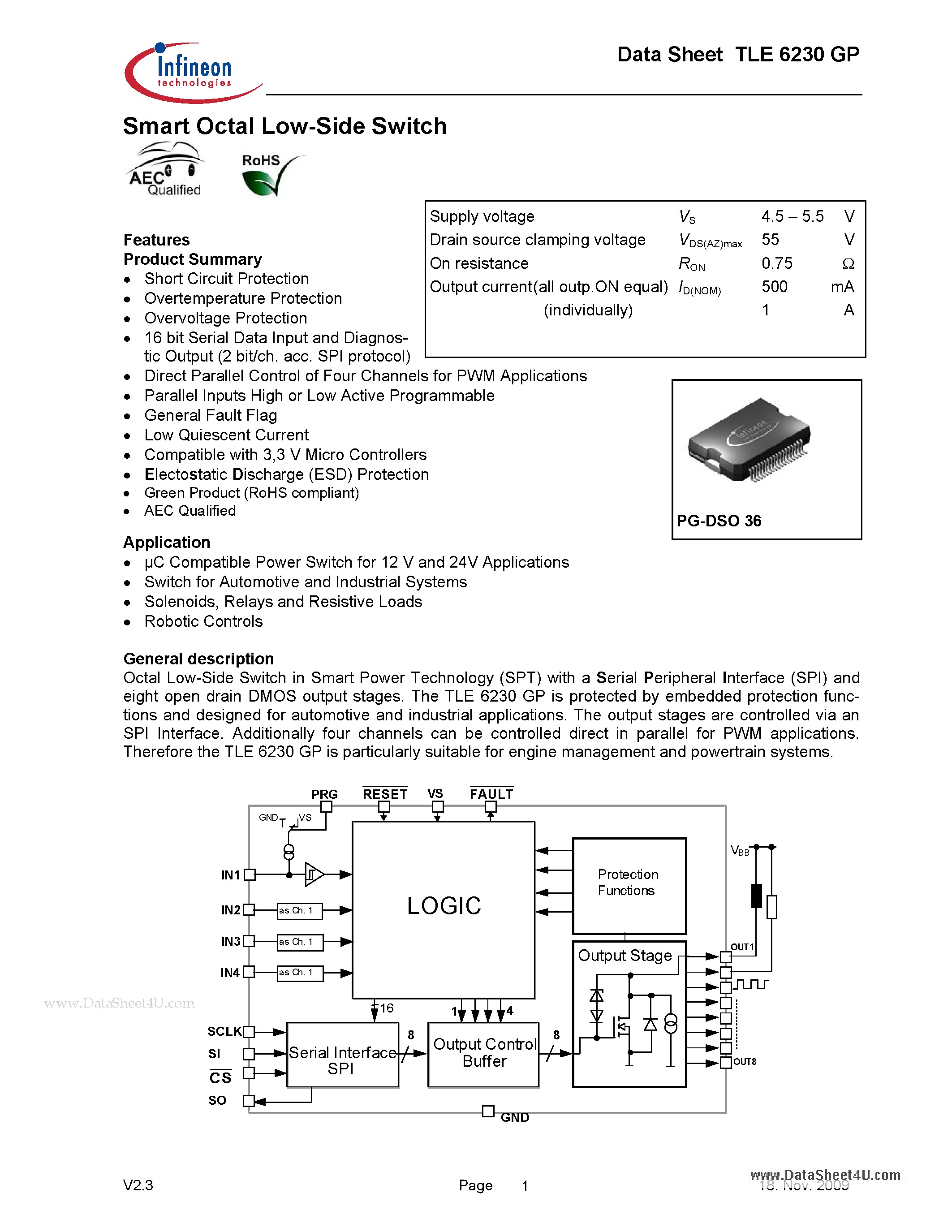Даташит TDA6230GP - Smart Octal Low-Side Switch Overtemperature Protection страница 1