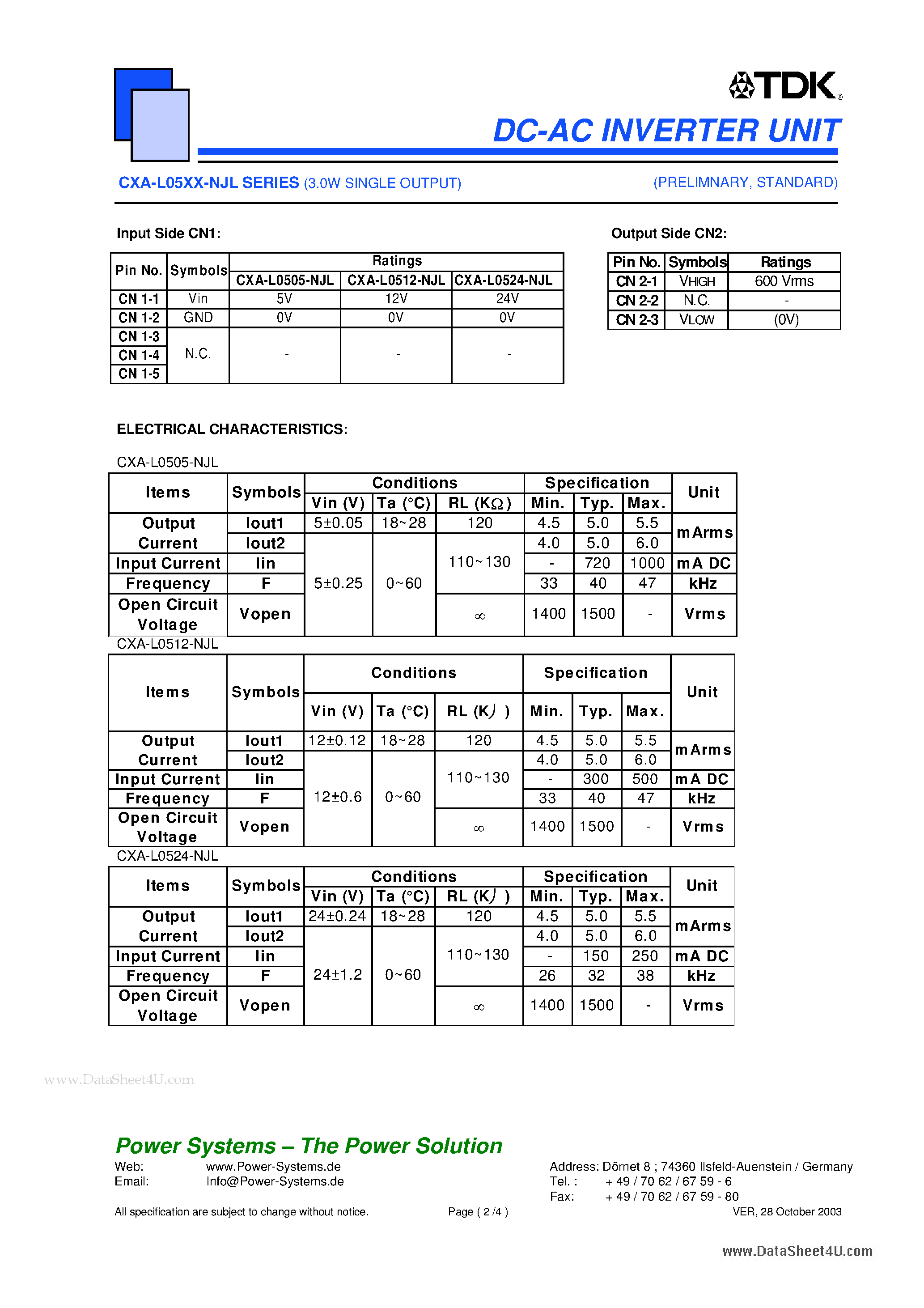 Datasheet CXA-L05XX-NJL page 2 Datasheet CXA-L05XX-NJL - DC-AC INVERTER UNIT page 2