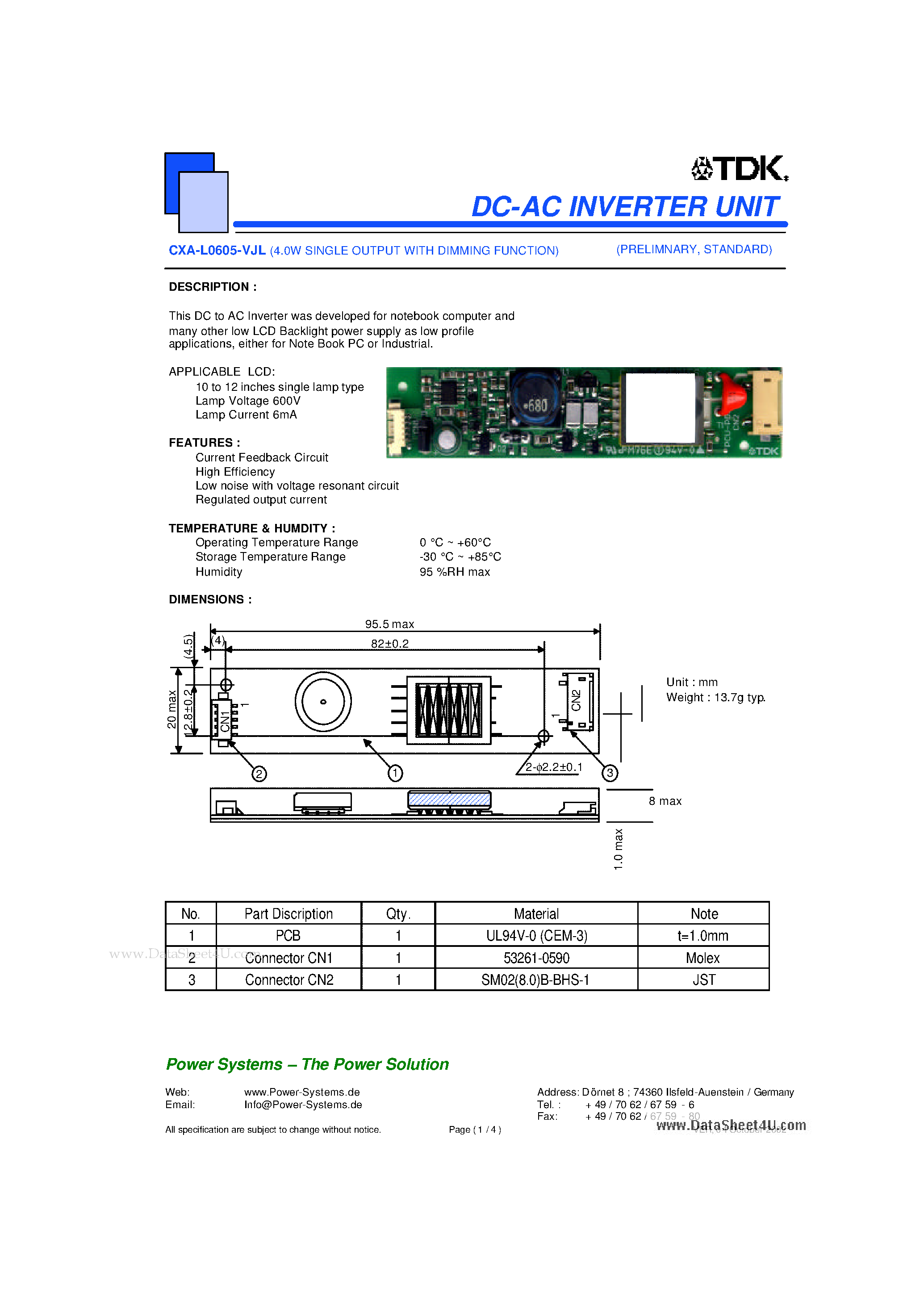 Datasheet CXA-L0605-VJL page 1 Datasheet CXA-L0605-VJL - DC-AC INVERTER UNIT page 1