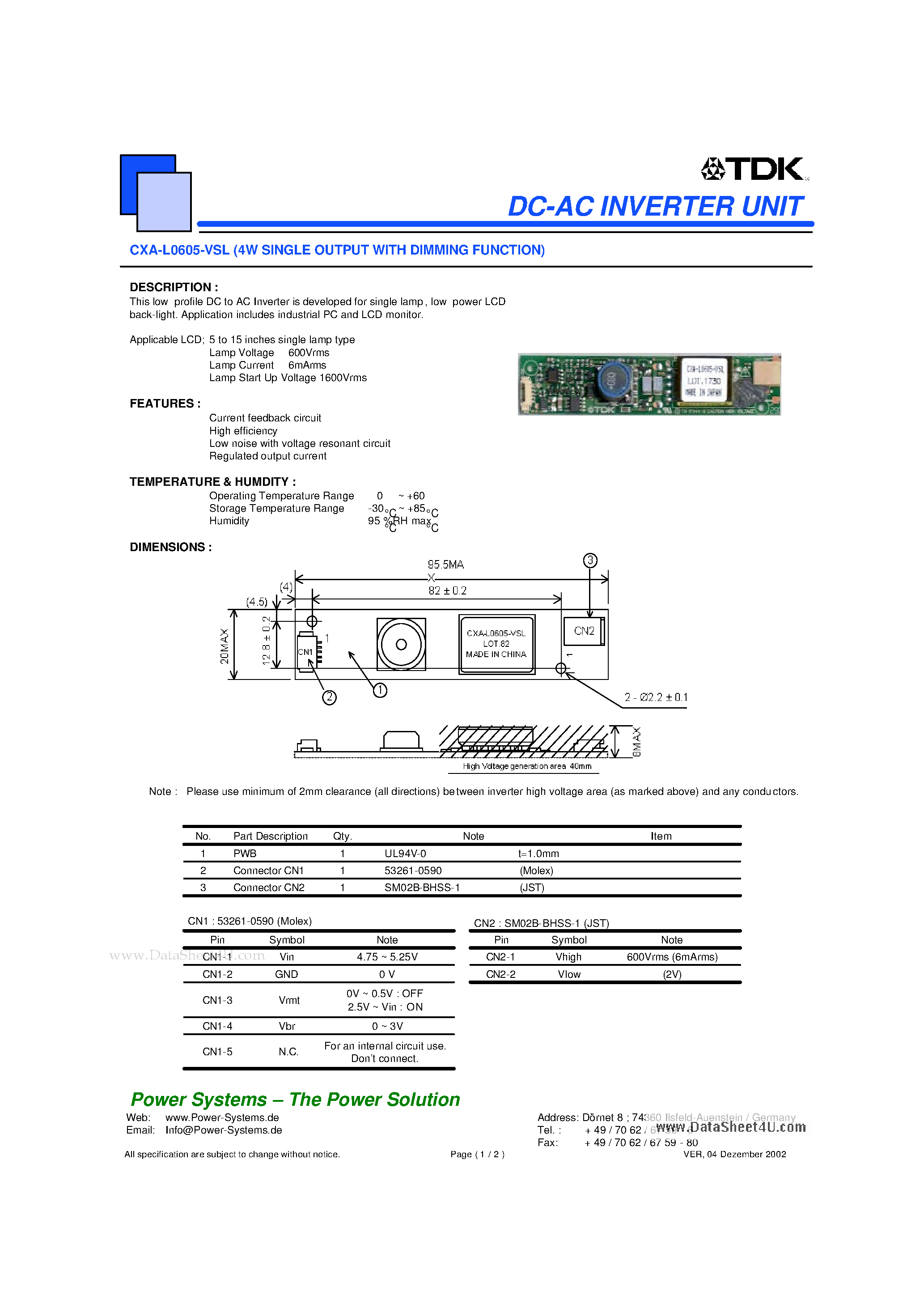 Datasheet CXA-L0605-VSL page 1 Datasheet CXA-L0605-VSL - DC-AC INVERTER UNIT page 1
