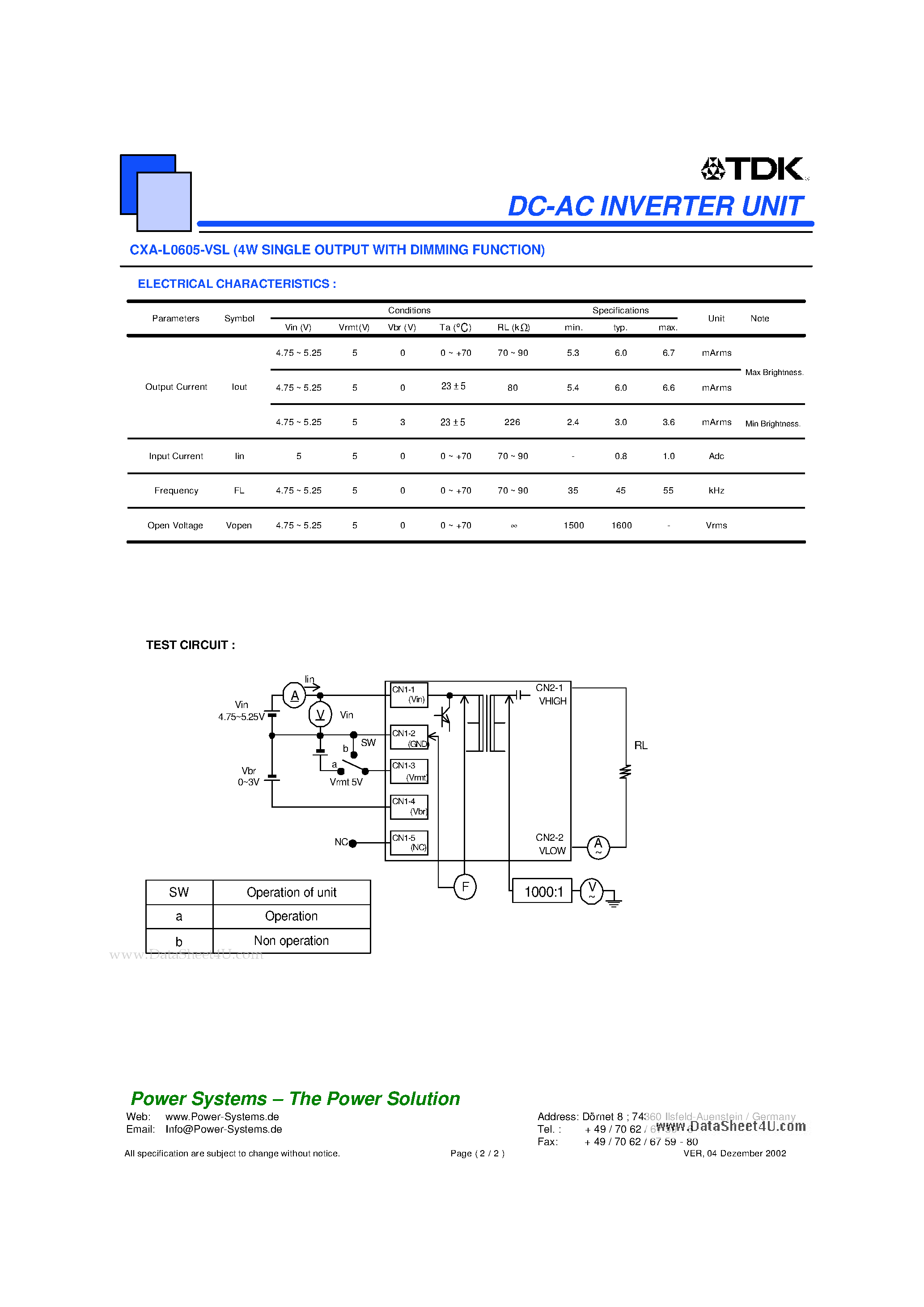 Datasheet CXA-L0605-VSL page 2 Datasheet CXA-L0605-VSL - DC-AC INVERTER UNIT page 2
