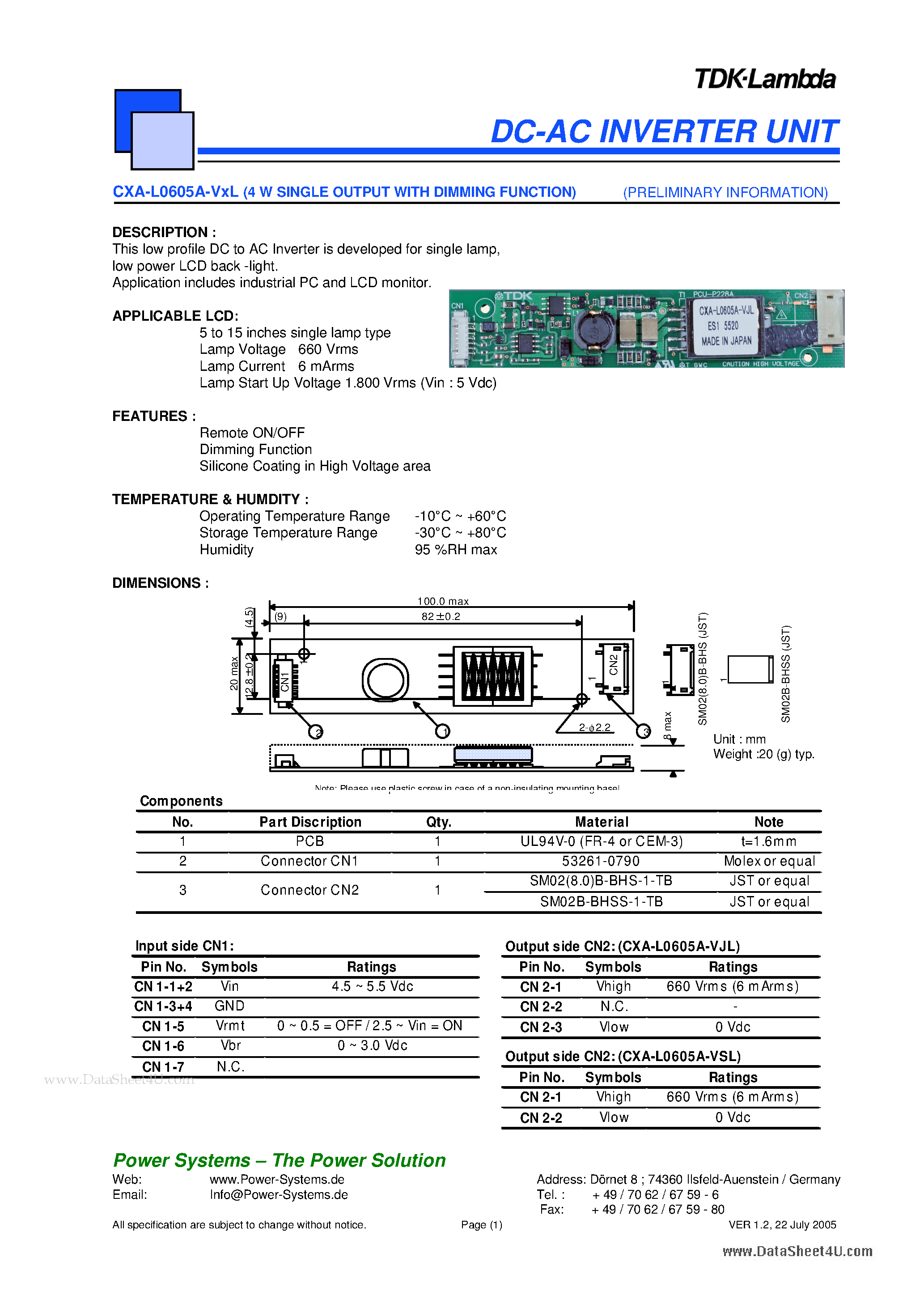 Datasheet CXA-L0605A-VxL page 1 Datasheet CXA-L0605A-VxL - DC-AC INVERTER UNIT page 1