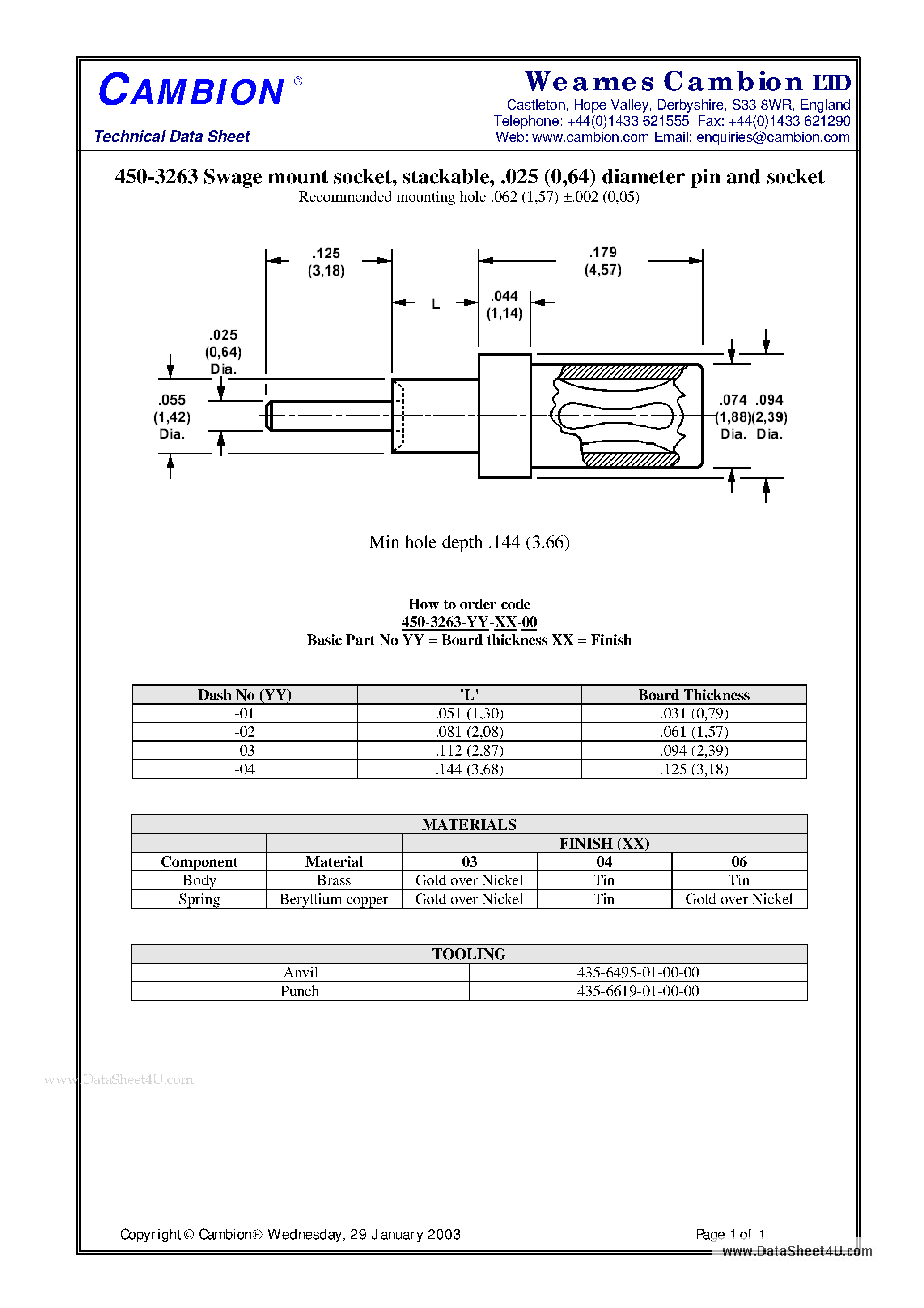 Datasheet 450-3263 page 1 Datasheet 450-3263 - Swage mount socket stackable .025 (0 / 64) diameter pin and socket page 1