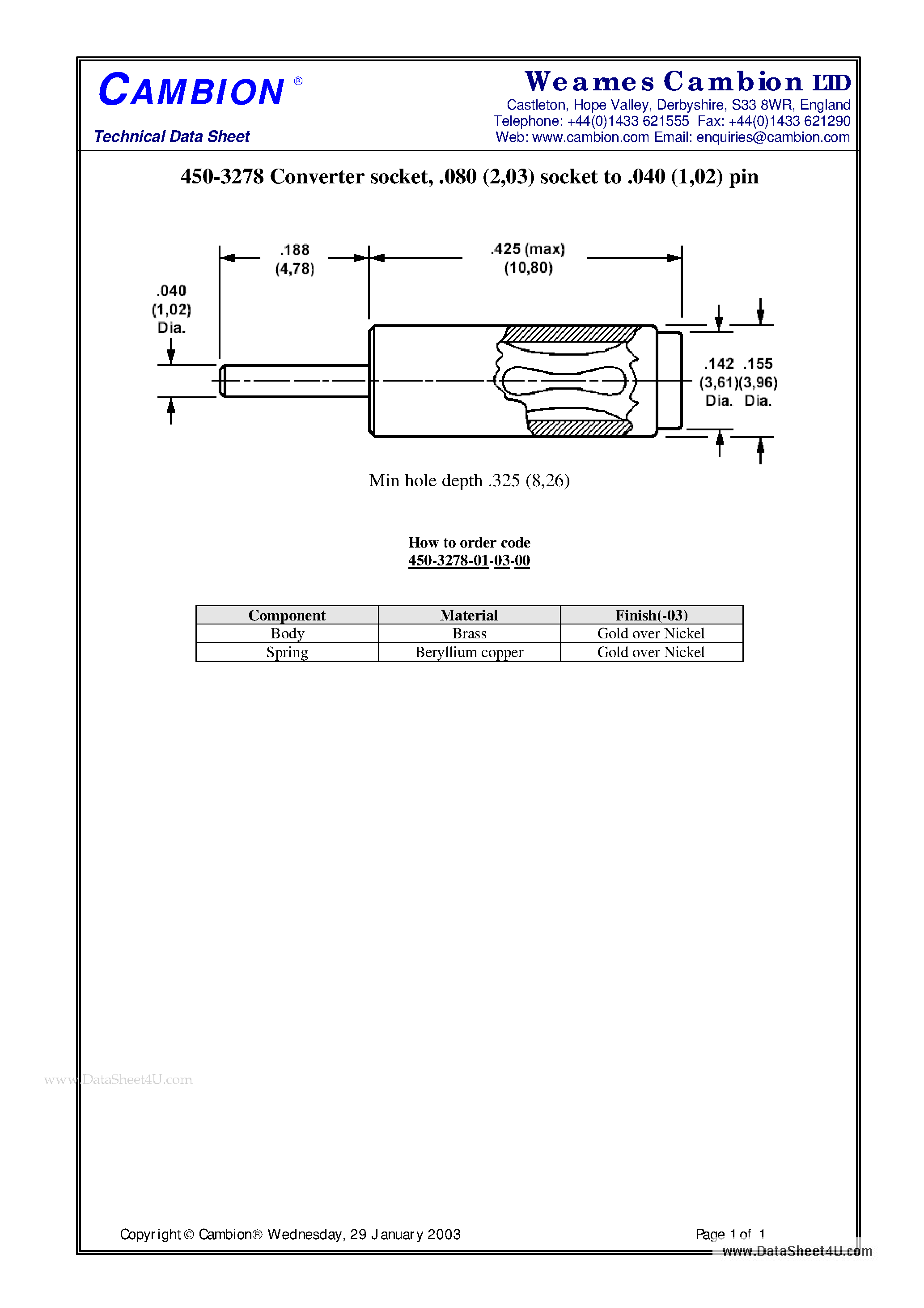 Datasheet 450-3278 - Converter socket .080 (2 / 03) socket to .040 (1 / 02) pin page 1