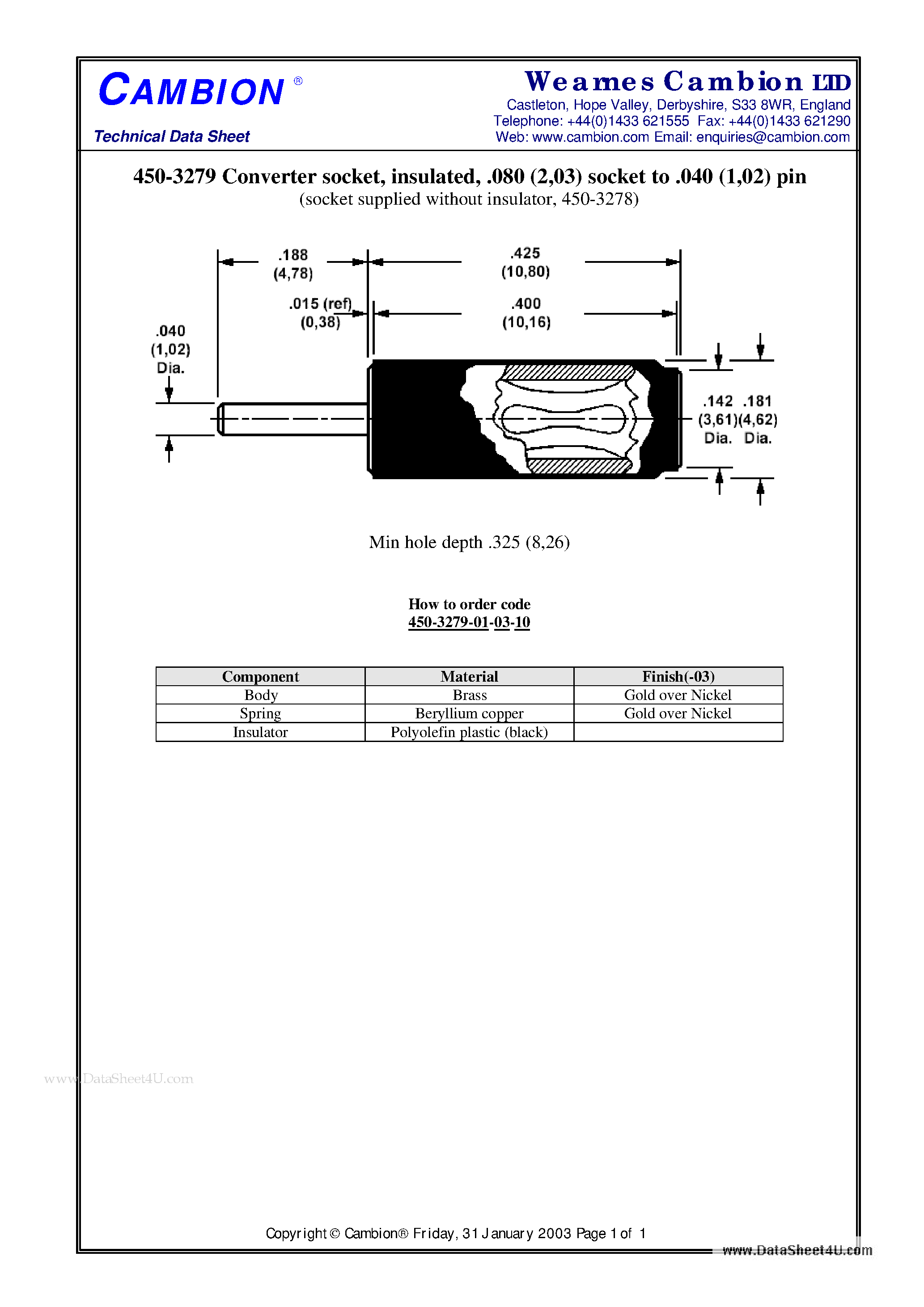 Datasheet 450-3279 - Converter socket insulated .080 (2 / 03) socket to .040 (1 / 02) pin page 1