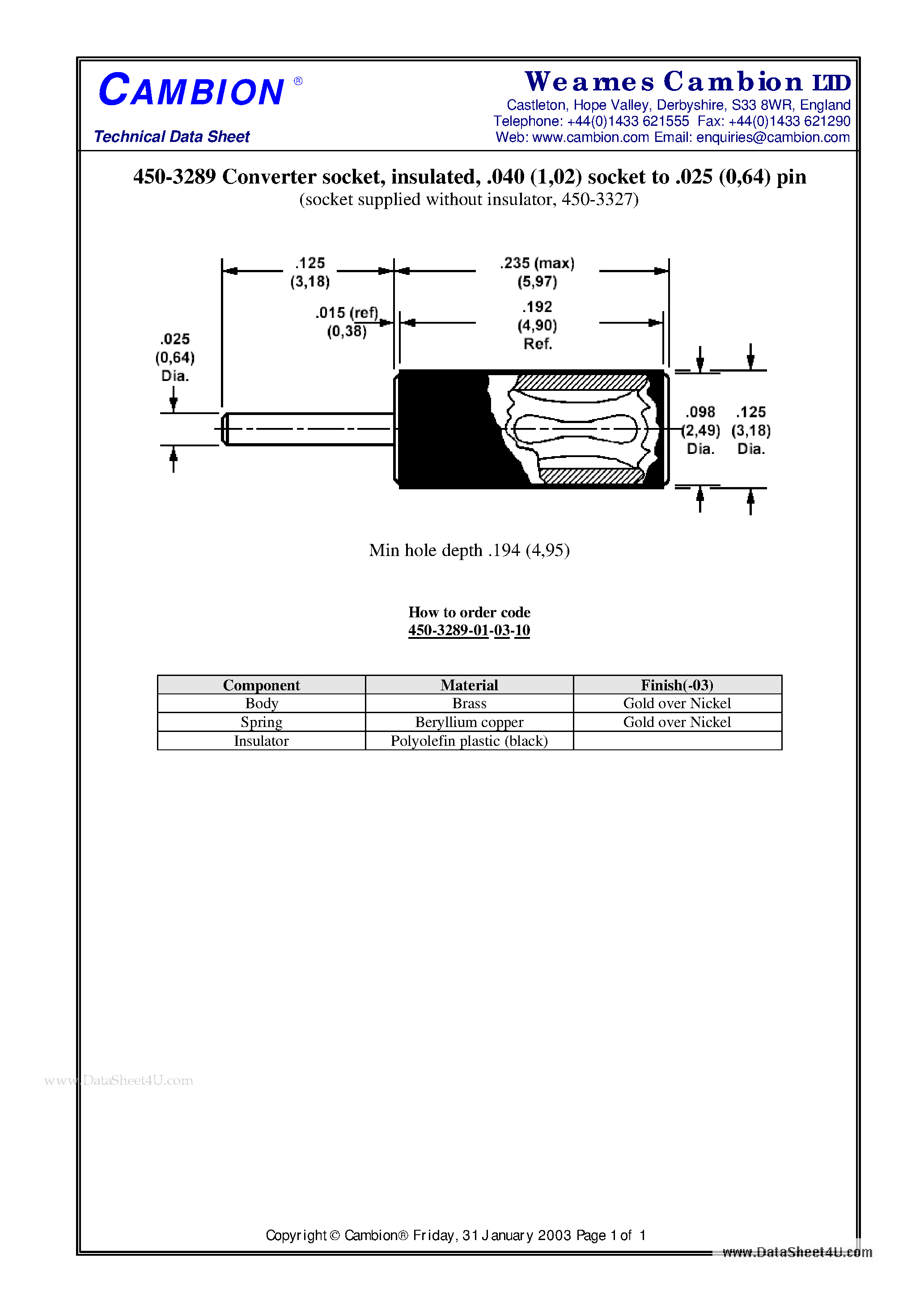 Datasheet 450-3289 - Converter socket insulated .040 (1 / 02) socket to .025 (0 / 64) pin page 1