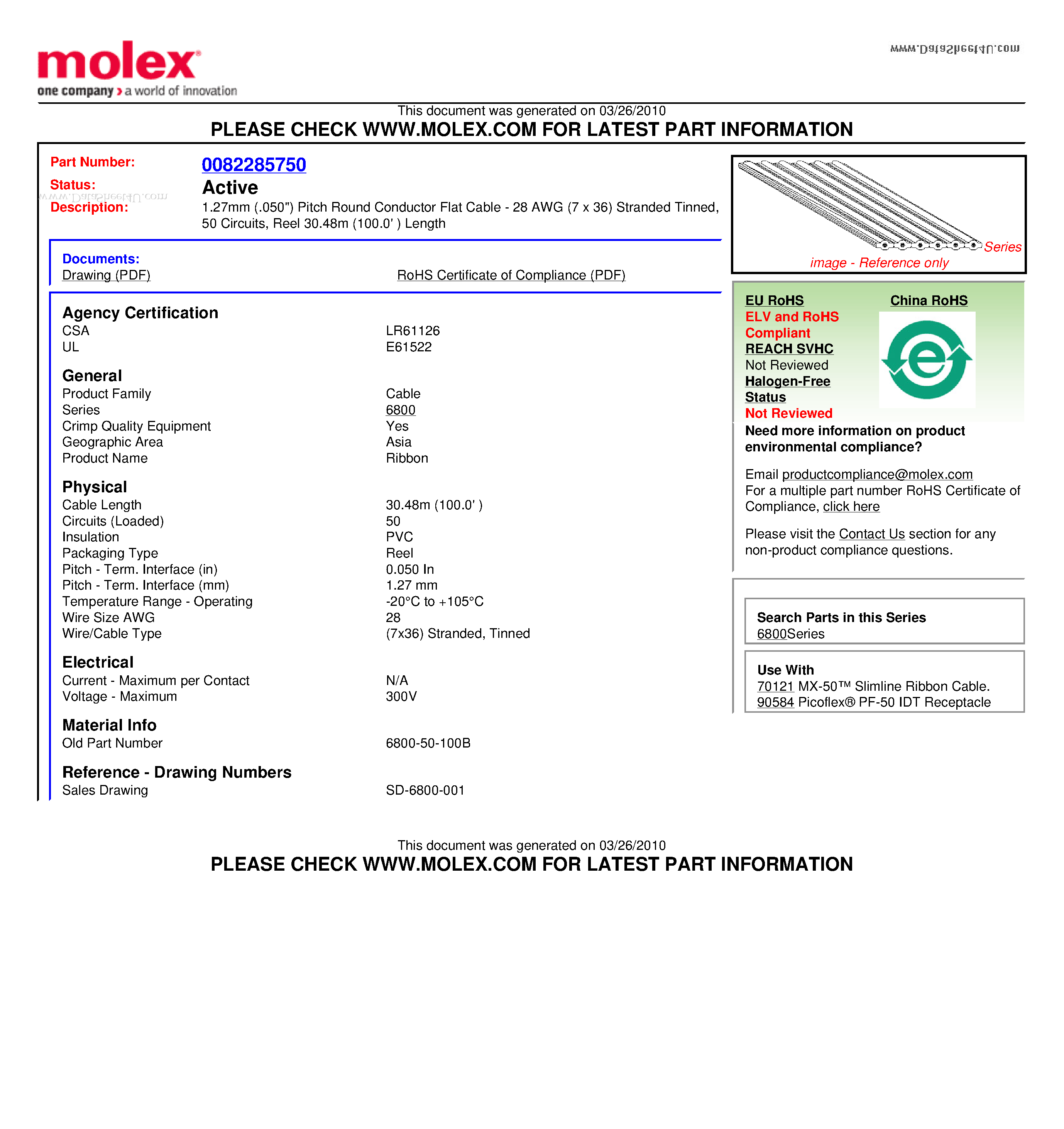 Даташит 6800-50-100B - 1.27mm (.050) Pitch Round Conductor Flat Cable страница 1