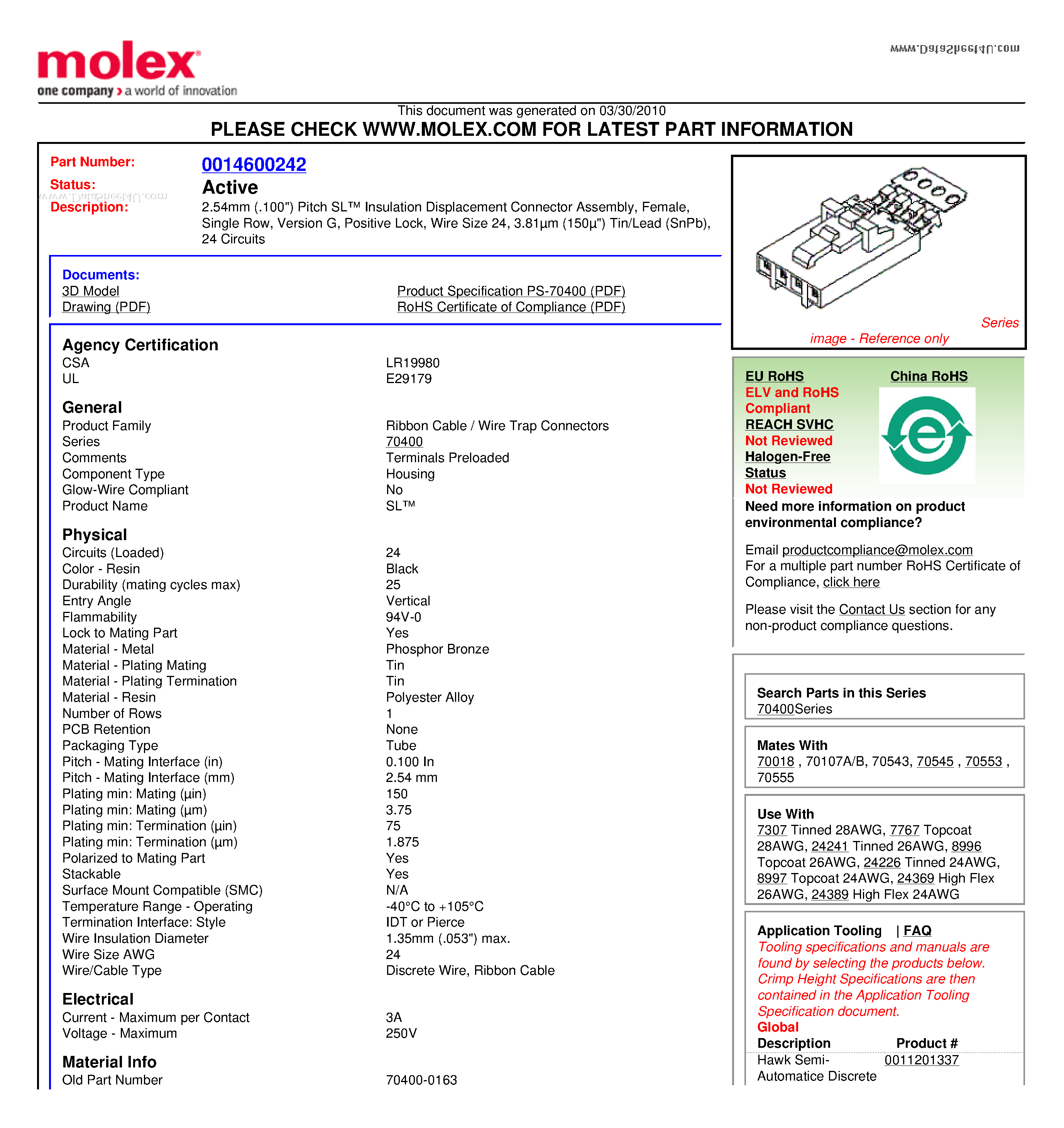 Datasheet 70400-0163 - 2.54mm (.100) Pitch SL Insulation Displacement Connector Assembly Female Single Row Version G Positive Lock Wire Size 24 3.81um (150u) Tin/Lead (SnPb) page 1