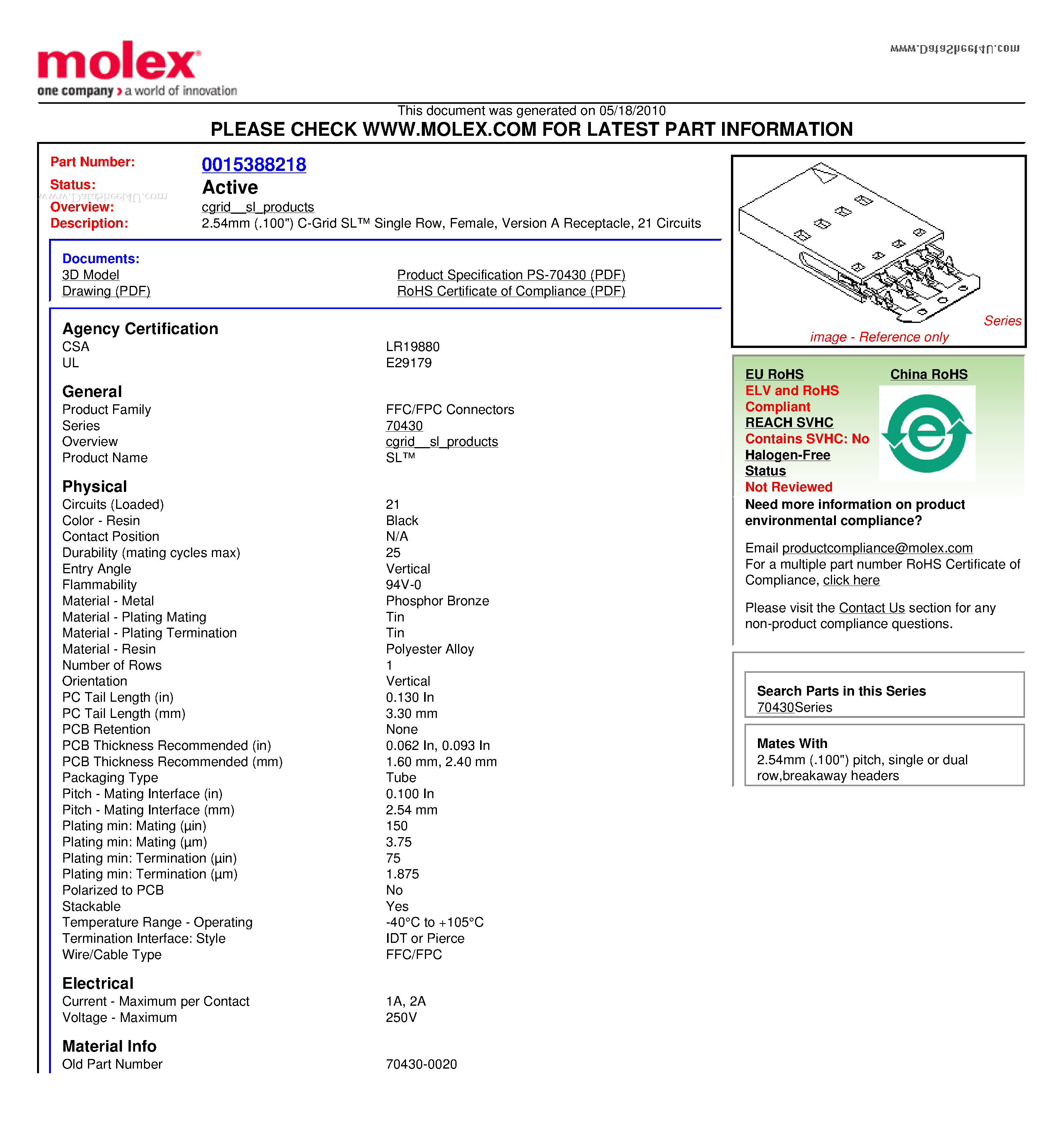 Даташит 70430-0020 - 2.54mm (.100) C-Grid SL Single Row Female Version A Receptacle 21 Circuits страница 1