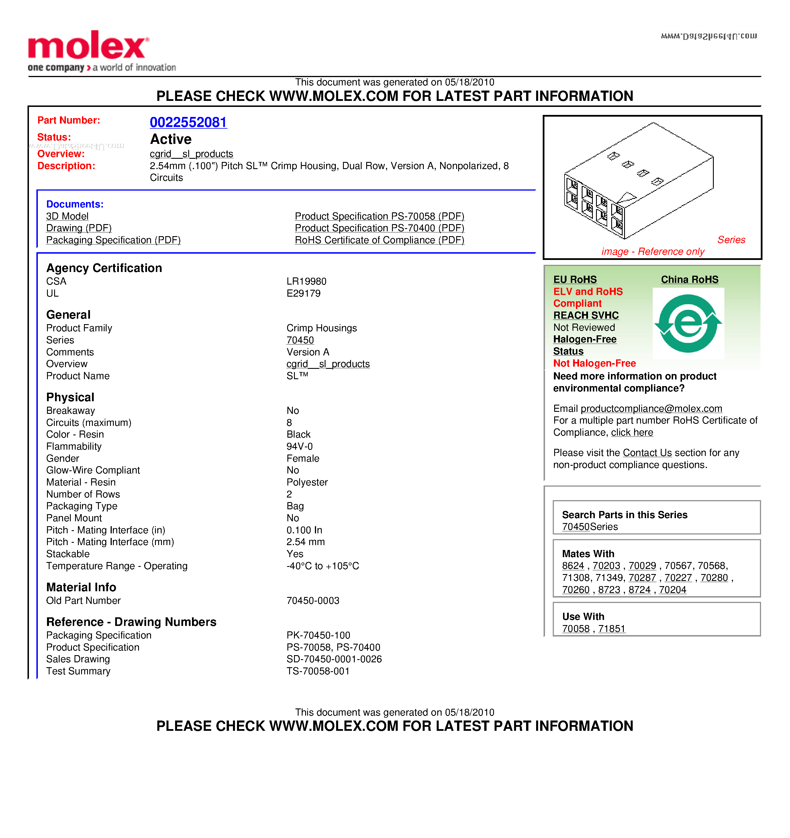 Datasheet 70450-0003 - 2.54mm (.100) Pitch SL Crimp Housing Dual Row Version A Nonpolarized 8 Circuits page 1