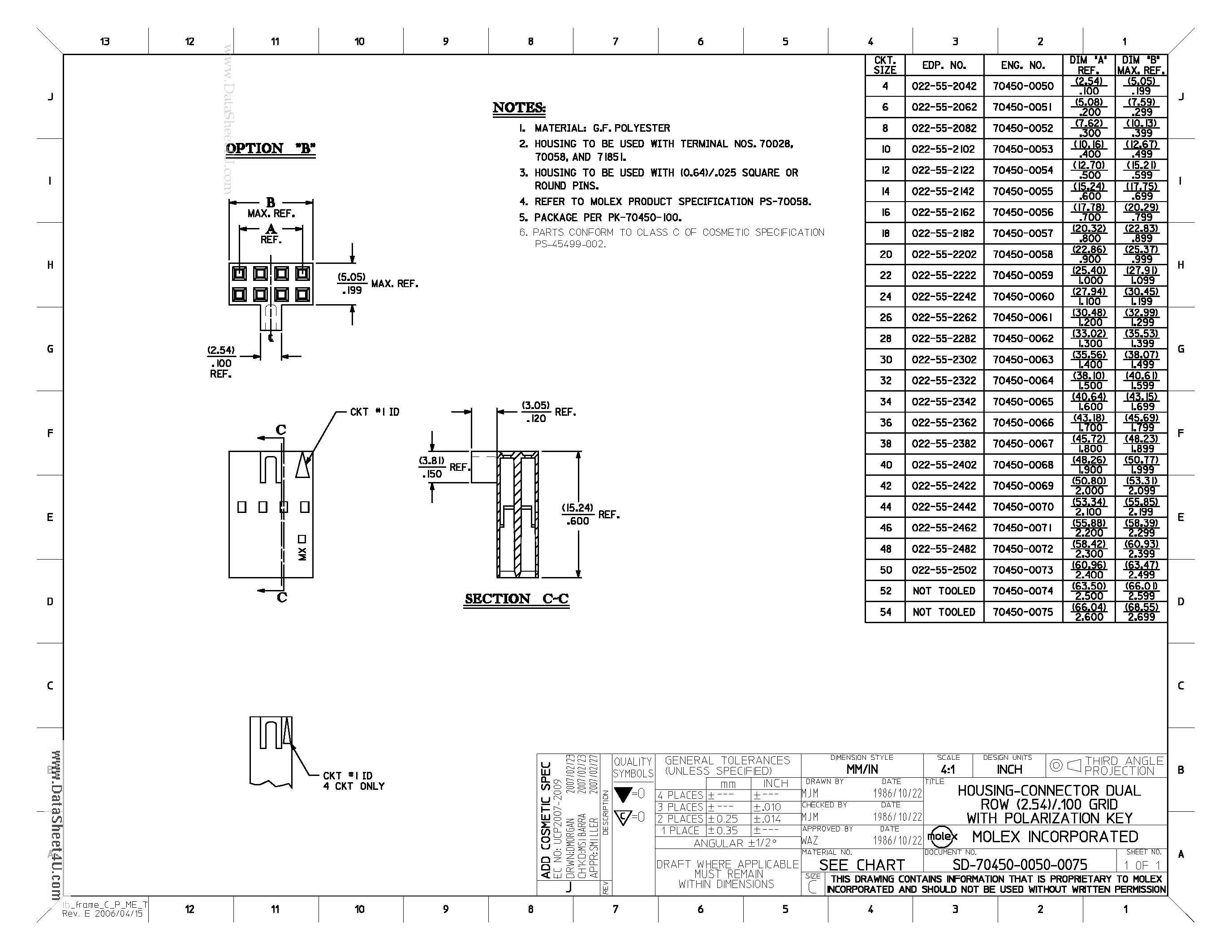 Datasheet 704500050 page 2 Datasheet 704500050 - 2.54mm (.100) Pitch SL Crimp Housing Dual Row Version B Polarized 4 Circuits page 2