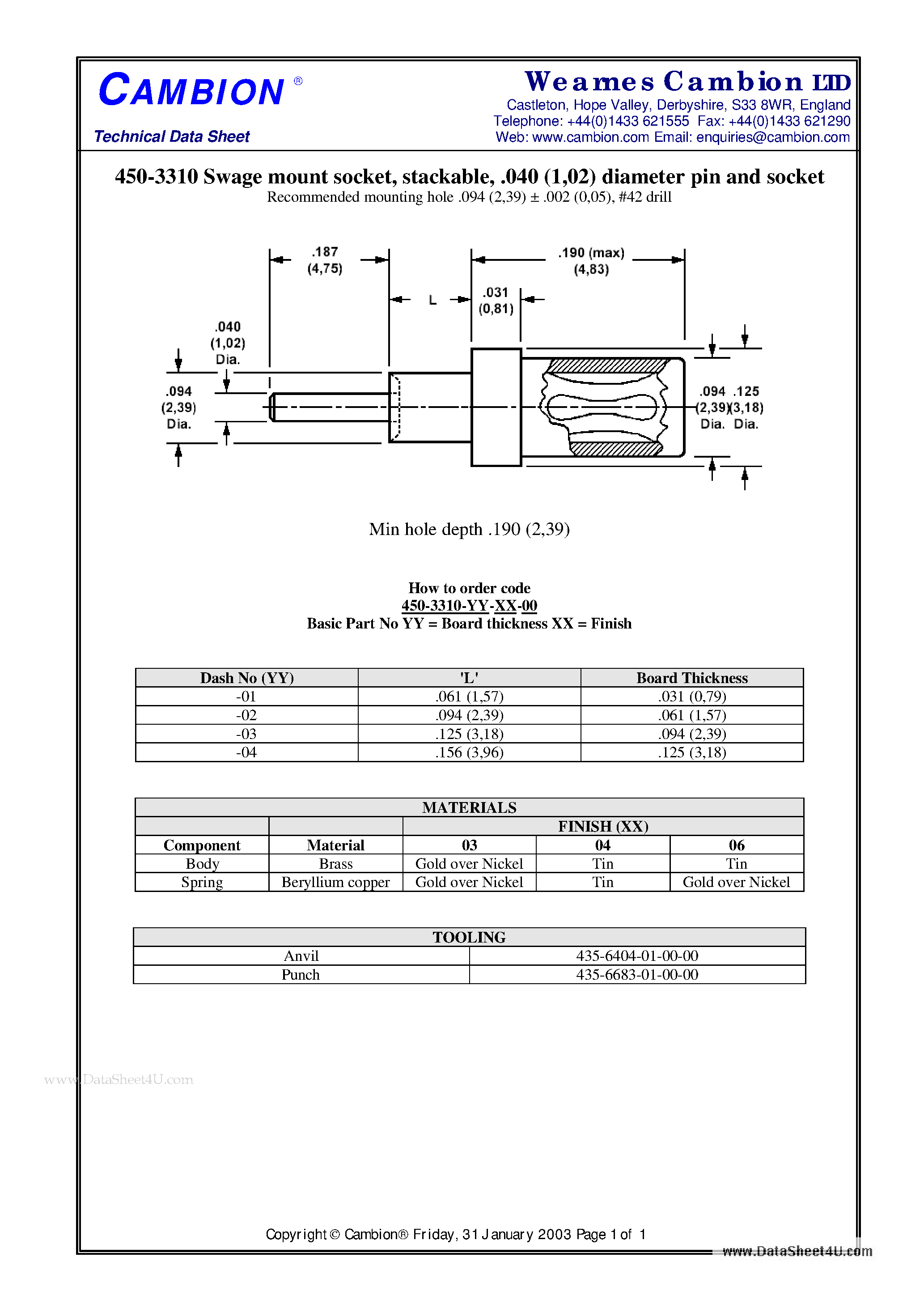 Datasheet 450-3310 page 1 Datasheet 450-3310 - Swage mount socket stackable .040 (1 / 02) diameter pin and socket page 1