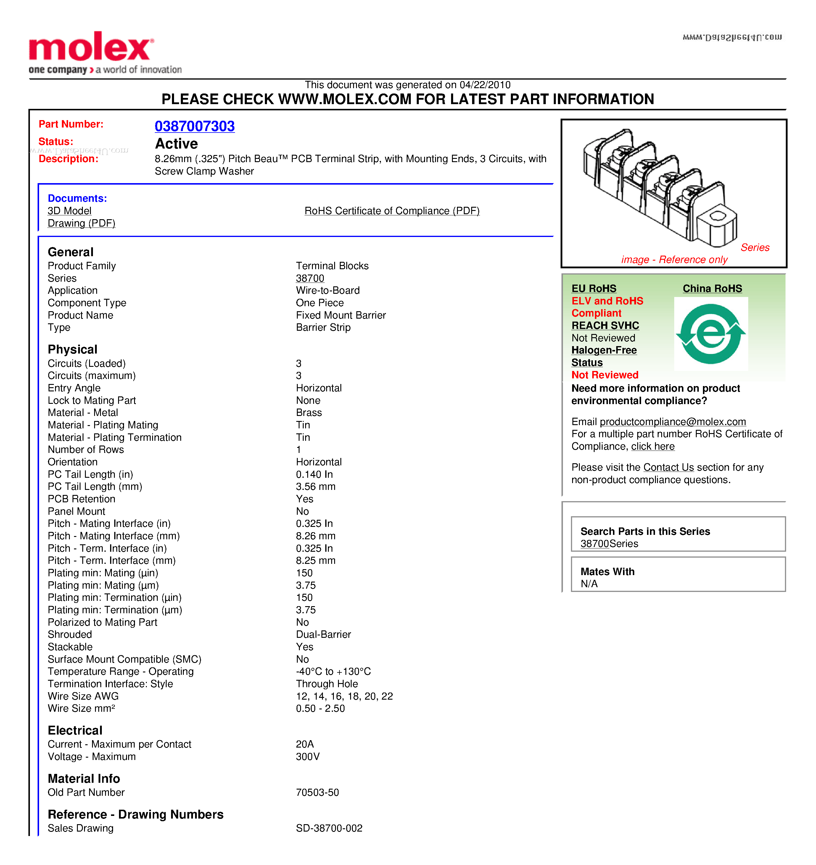 Даташит на микросхему 70503-50 страница 1 Даташит 70503-50 - 8.26mm (.325) Pitch Beau PCB Terminal Strip страница 1