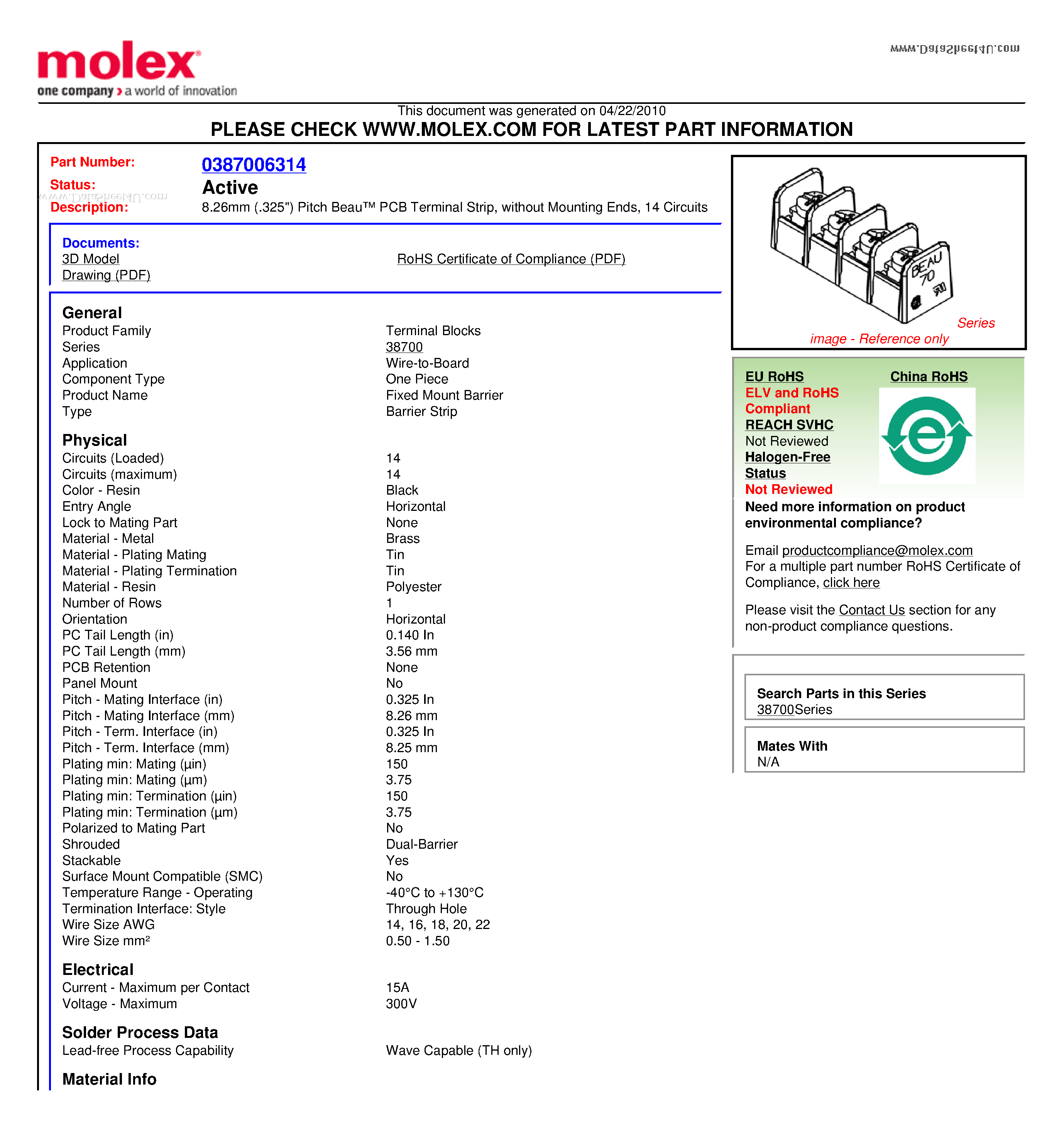 Datasheet 70514-C page 1 Datasheet 70514-C - 8.26mm (.325) Pitch Beau PCB Terminal Strip page 1