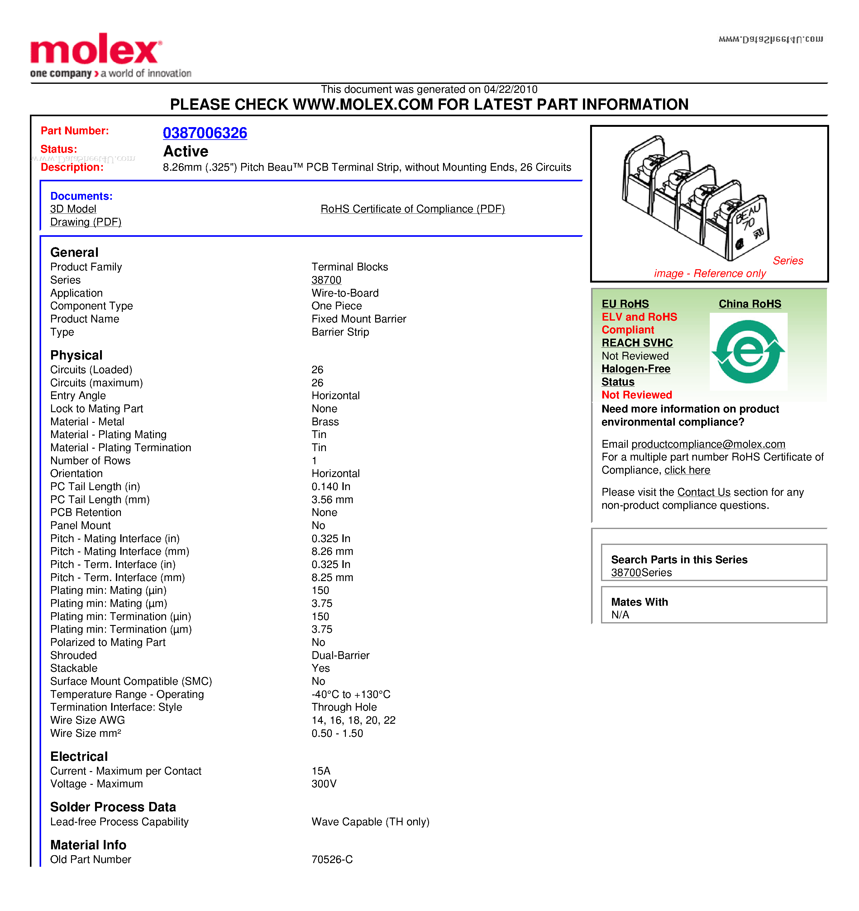 Datasheet 70526-C page 1 Datasheet 70526-C - 8.26mm (.325) Pitch Beau PCB Terminal Strip without Mounting Ends 26 Circuits page 1