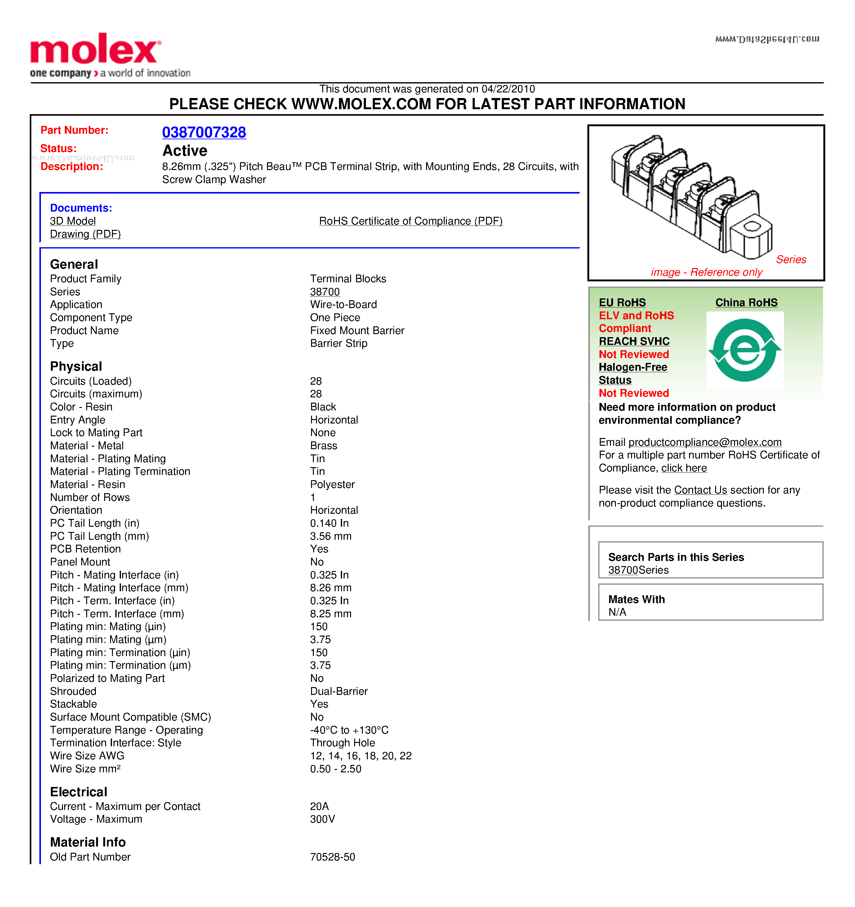 Даташит на микросхему 70528-50 страница 1 Даташит 70528-50 - 8.26mm (.325) Pitch Beau PCB Terminal Strip страница 1