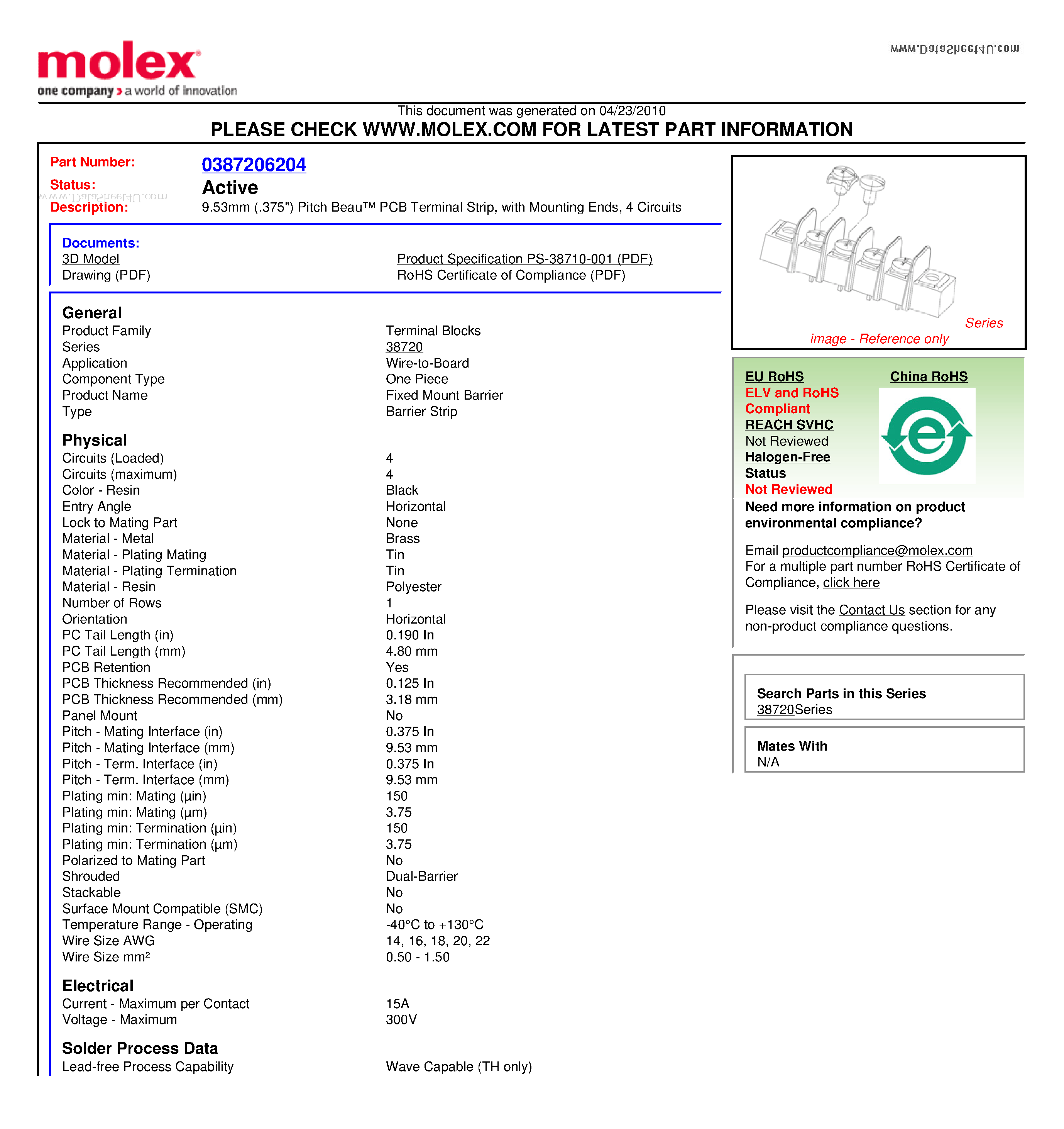 Даташит 72504 - 9.53mm (.375) Pitch Beau PCB Terminal Strip страница 1