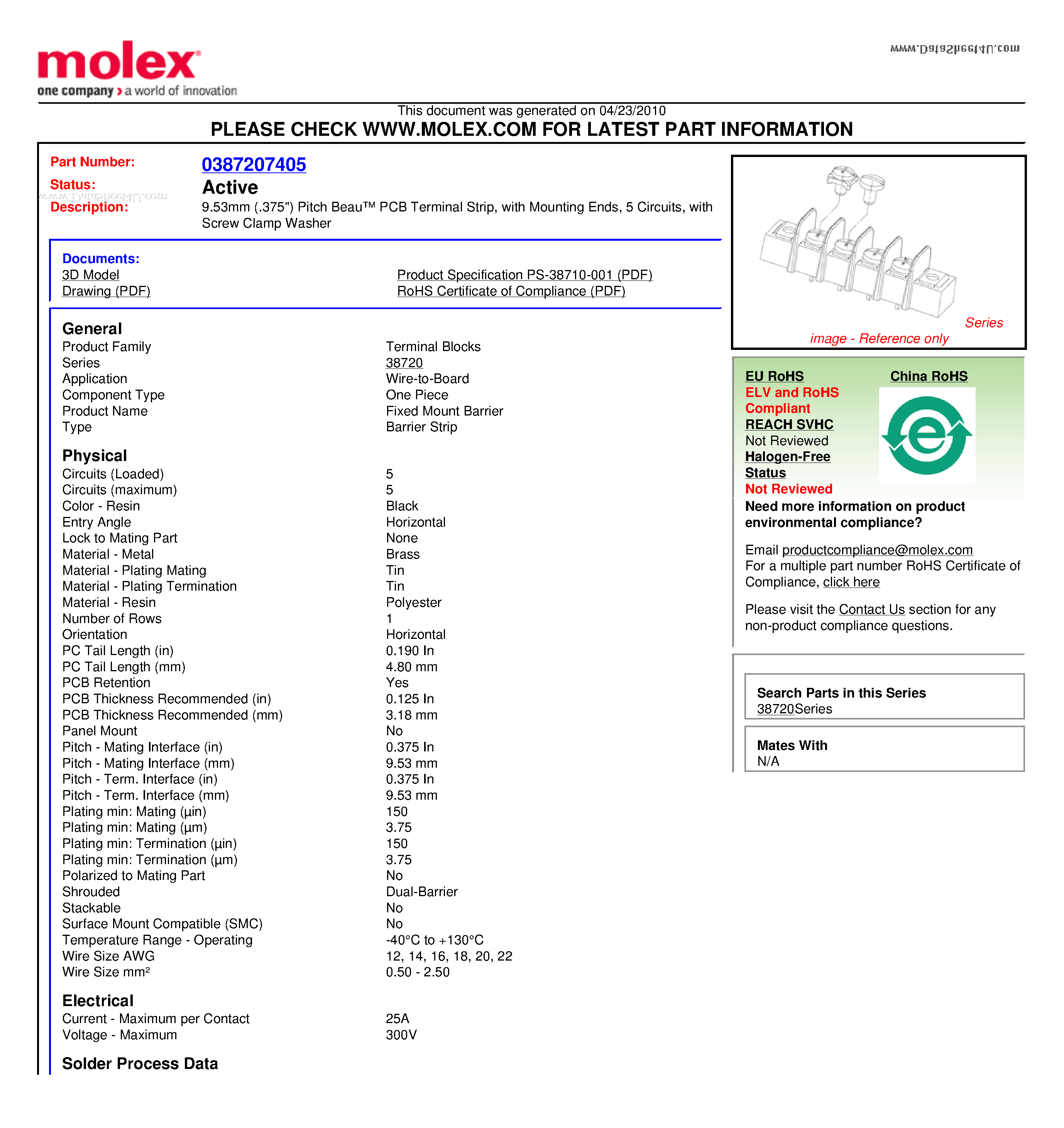 Datasheet 72505-50 - 9.53mm (.375) Pitch Beau PCB Terminal Strip page 1