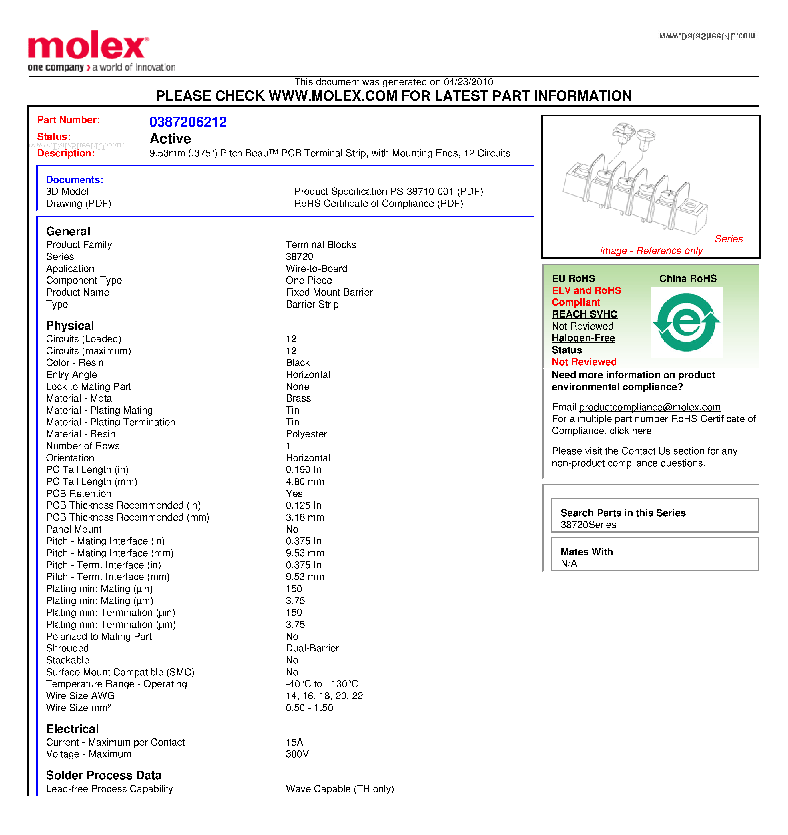 Даташит 72512 - 9.53mm (.375) Pitch Beau PCB Terminal Strip страница 1
