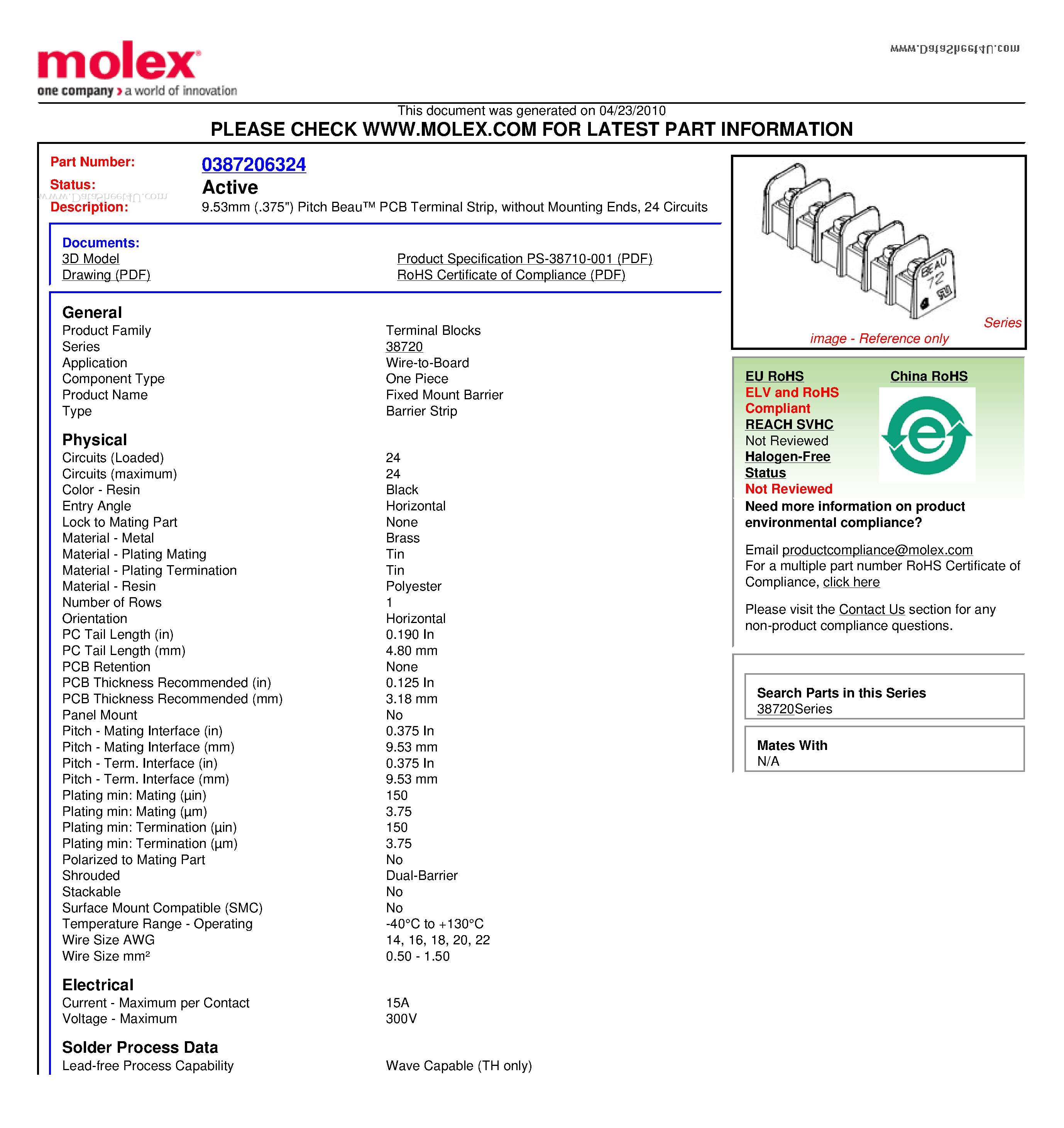 Datasheet 72524-C page 1 Datasheet 72524-C - 9.53mm (.375) Pitch Beau PCB Terminal Strip page 1