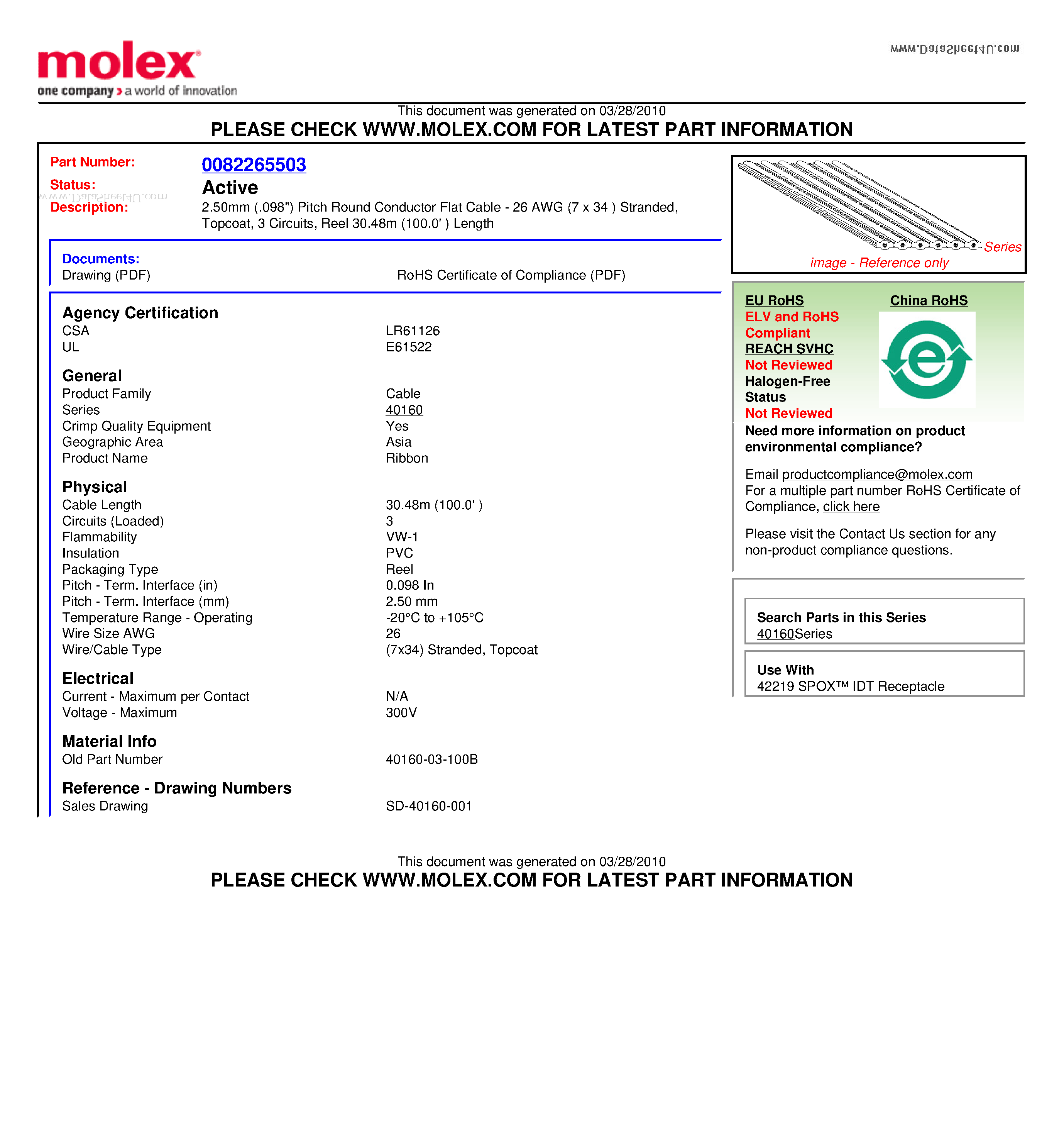 Datasheet 40160-03-100B - 2.50mm (.098) Pitch Round Conductor Flat Cable page 1