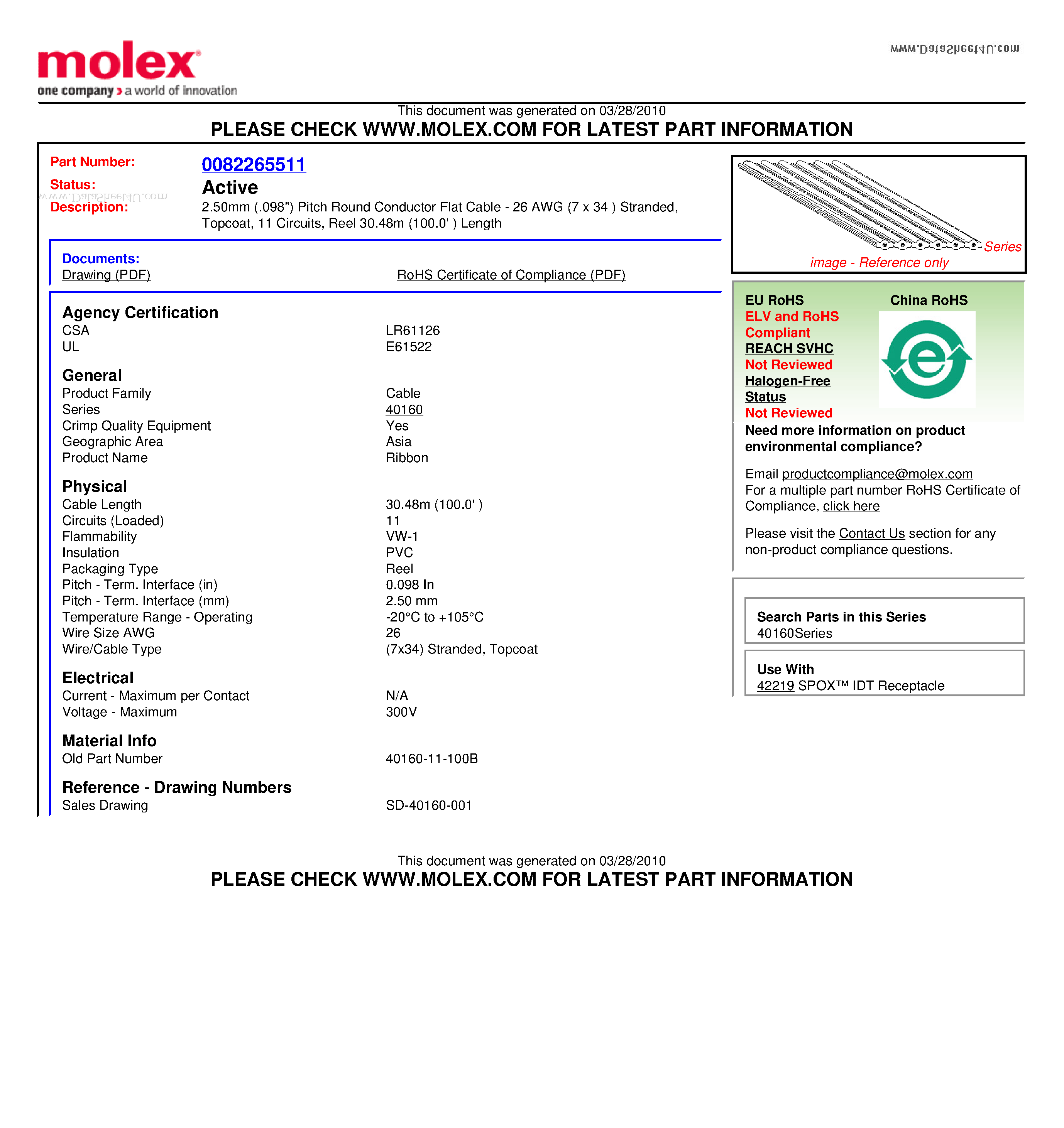Datasheet 40160-11-100B - 2.50mm (.098) Pitch Round Conductor Flat Cable page 1
