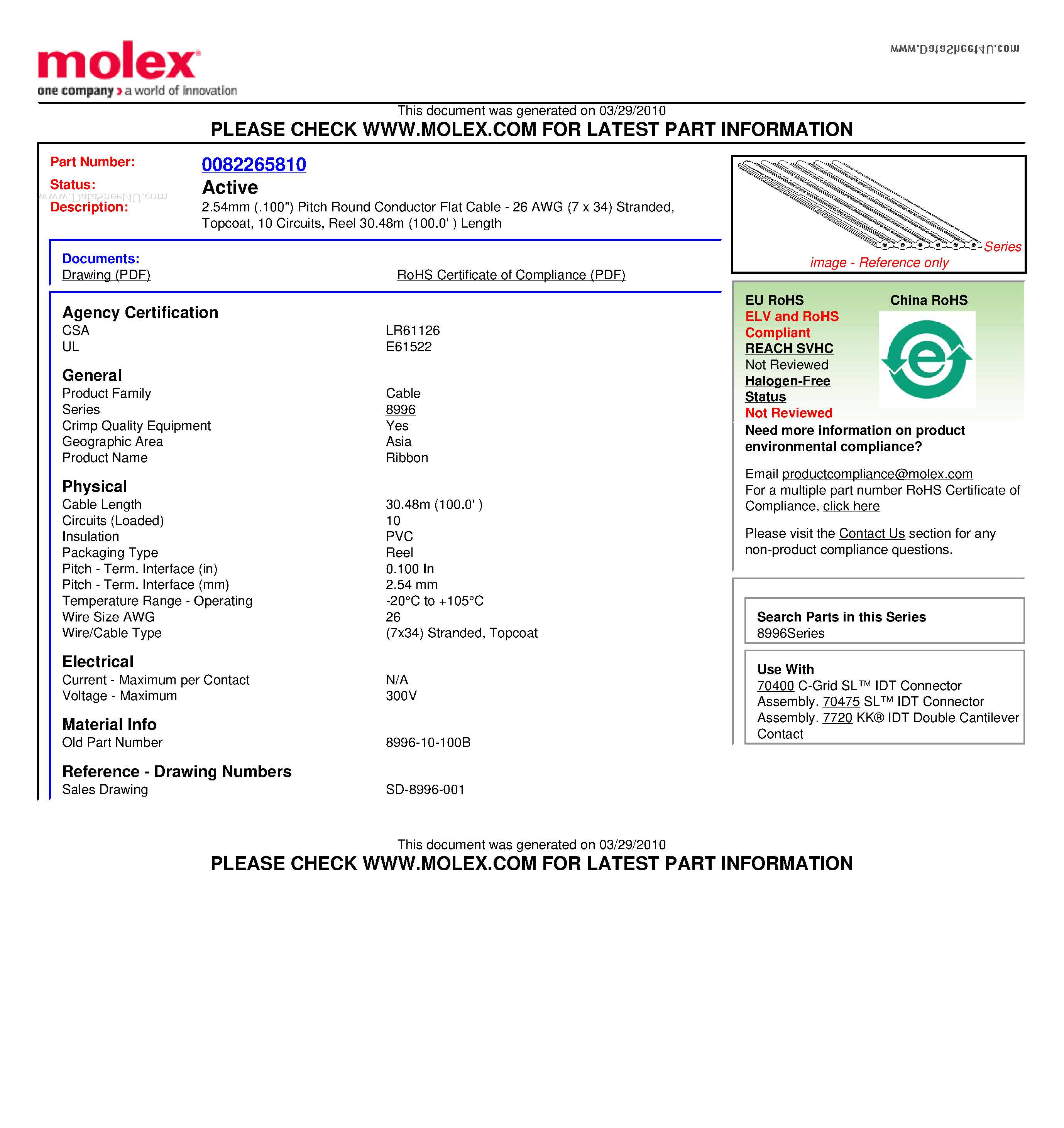 Даташит 8996-10-100B - 2.54mm (.100) Pitch Round Conductor Flat Cable страница 1