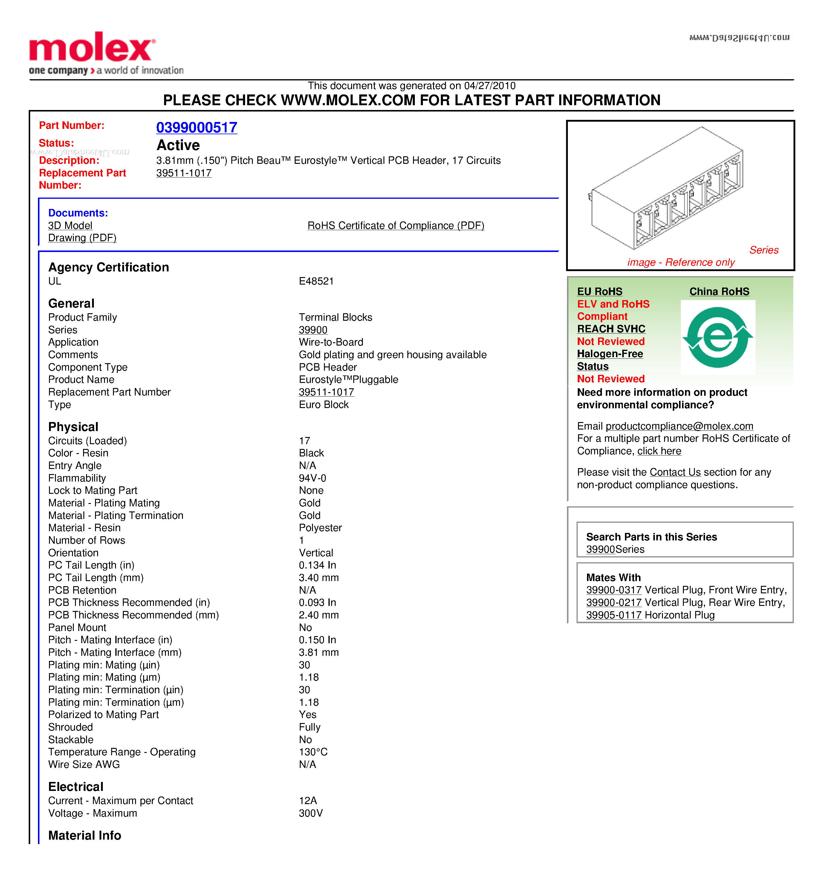 Datasheet 901617 - 3.81mm (.150) Pitch Beau Eurostyle Vertical PCB Header 17 Circuits page 1