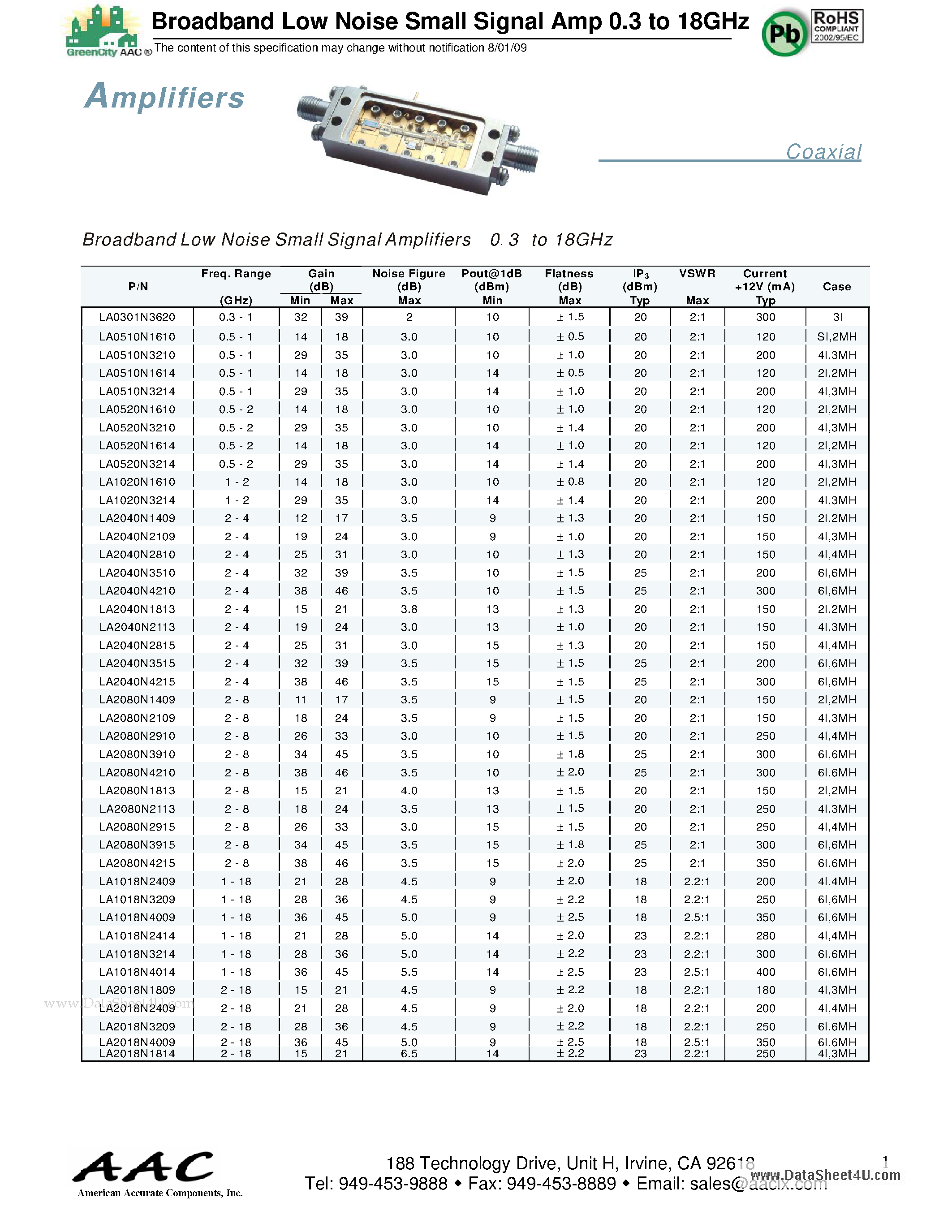 Datasheet LA0301N3620 page 1 Datasheet LA0301N3620 - Broadband Low Noise Small Signal Amp 0.3 to 18GHz page 1