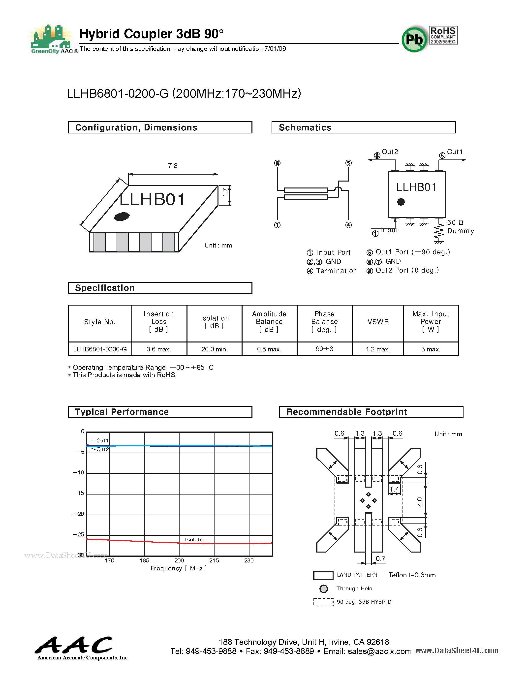 Даташит LLHB6801-0200-G - Hybrid Coupler 3dB 90 страница 1