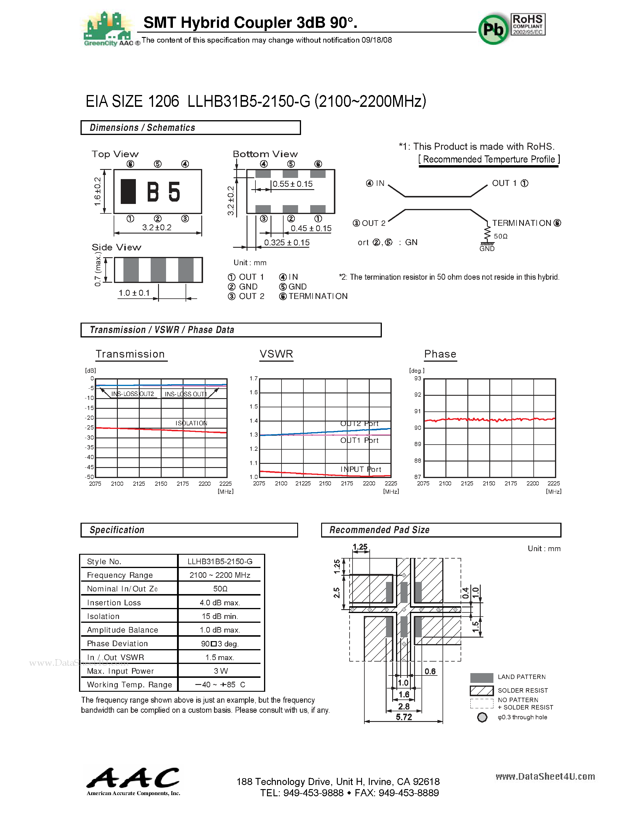 Datasheet LLHB31B5-2150-G - SMT Hybrid Coupler 3dB 90 page 1