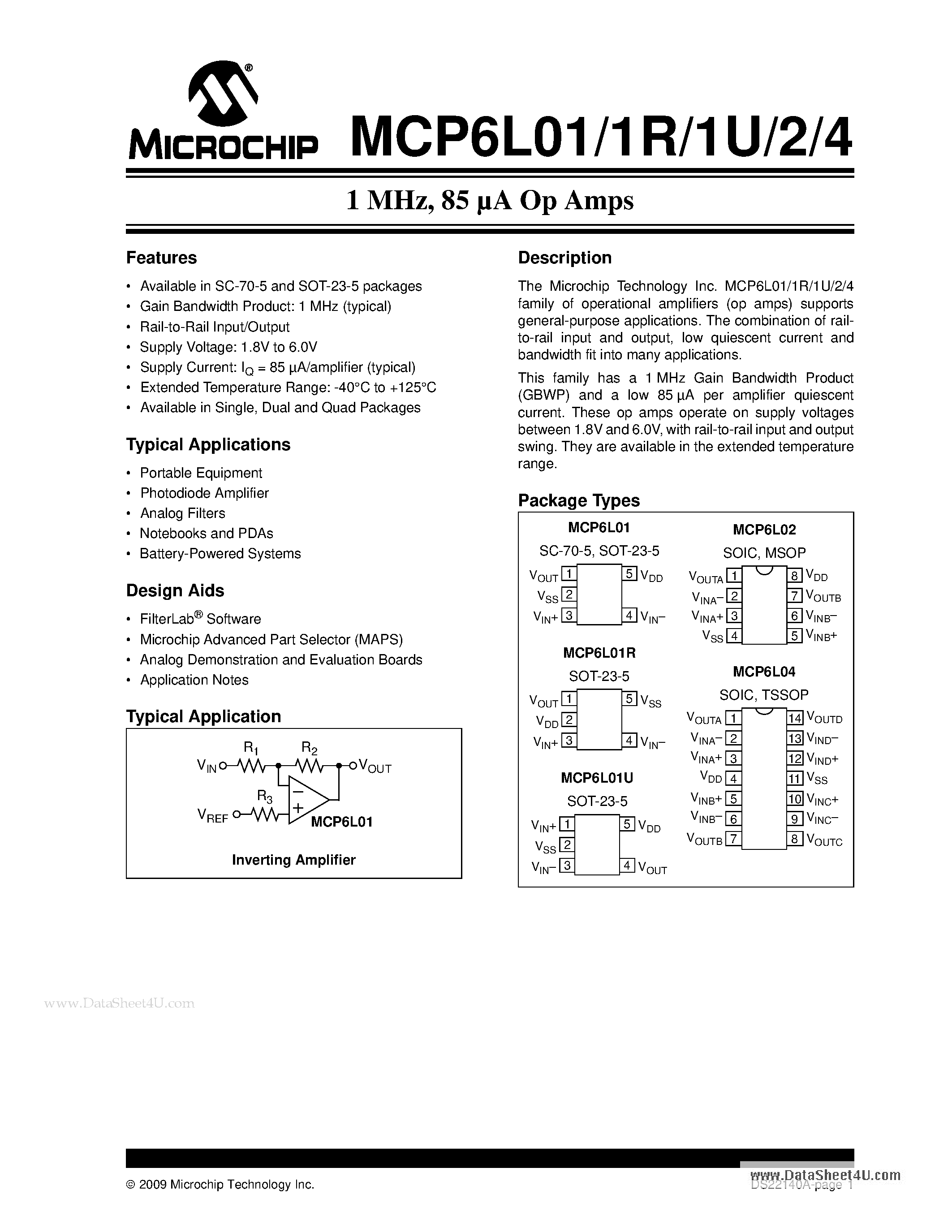 Datasheet MCP6L01 - 1 MHz - 85 uA Op Amps page 1