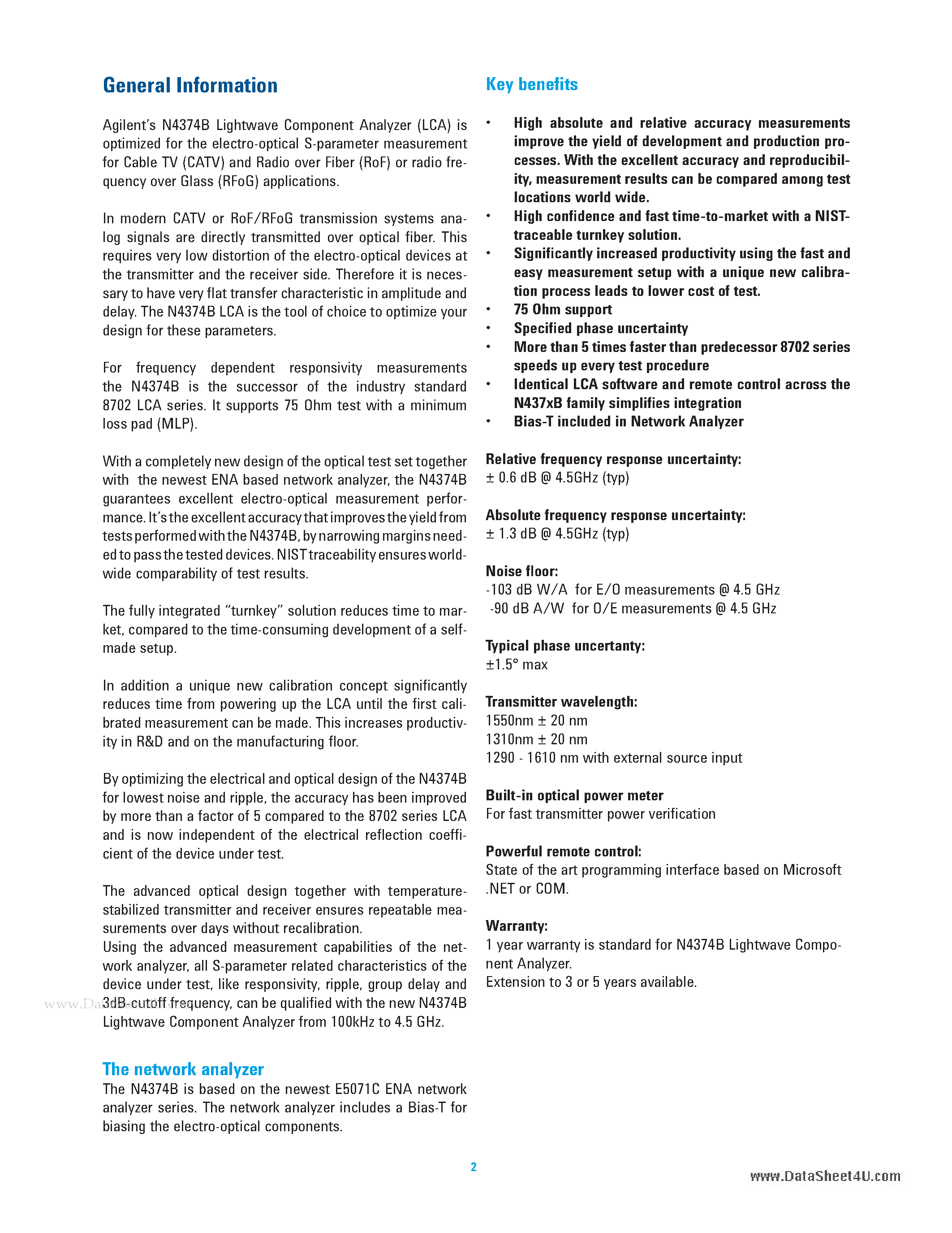 Datasheet N4374B - 4.5 GHz Single-Mode Lightwave Component Analyzer page 2