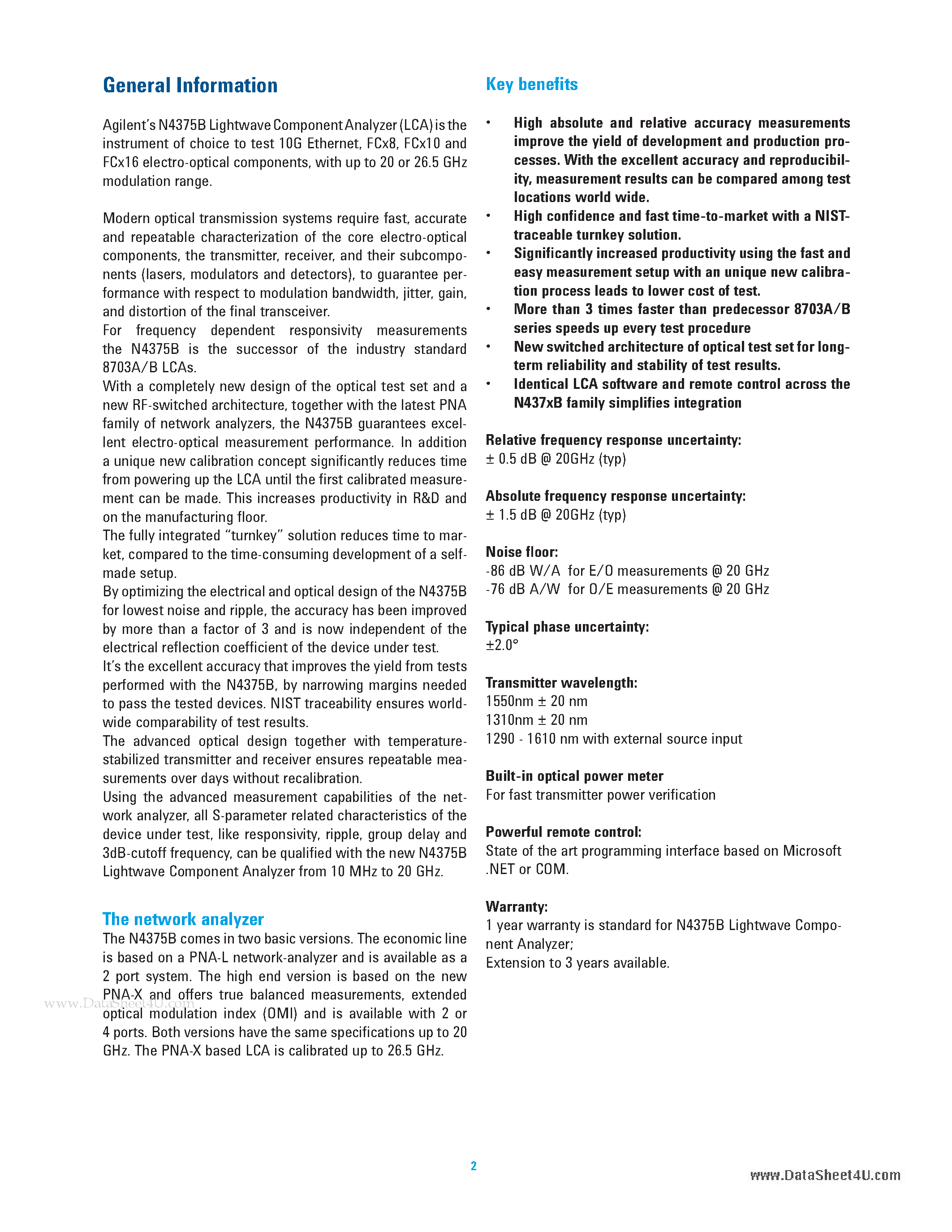 Datasheet N4375B - 20 GHz and 26.5 GHz Single-Mode Lightwave Component Analyzer page 2
