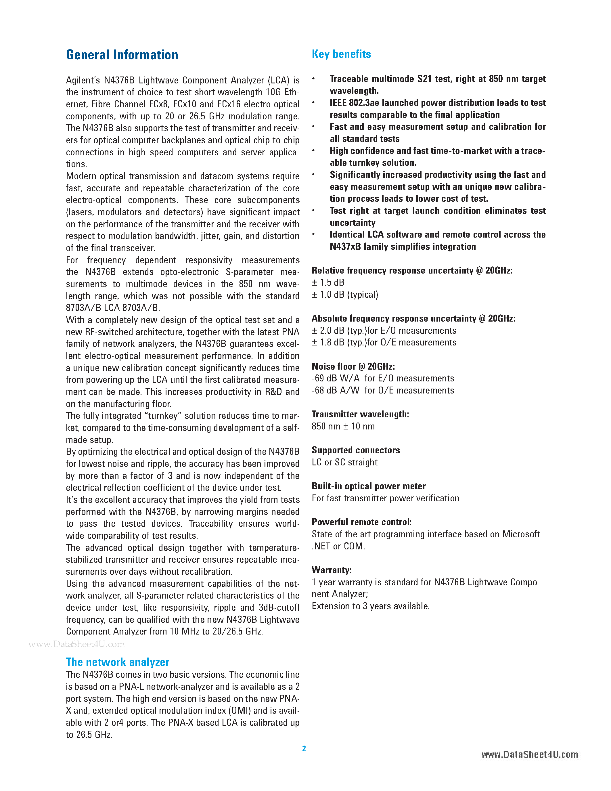 Datasheet N4376B - 20 GHz and 26.5 GHz Single-Mode Lightwave Component Analyzer page 2