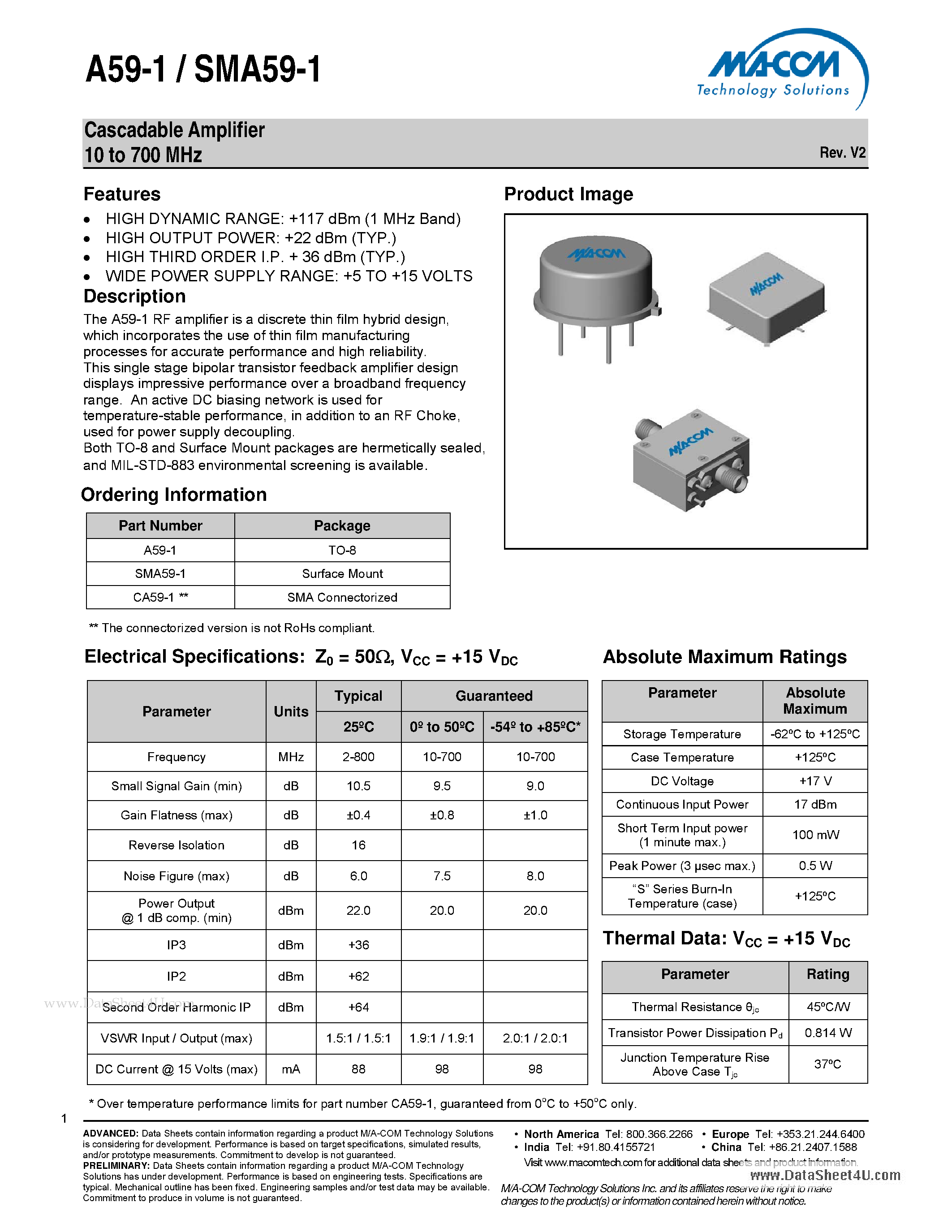 Datasheet SMA59-1 page 1 Datasheet SMA59-1 - Cascadable Amplifier 10 to 700 MHz page 1