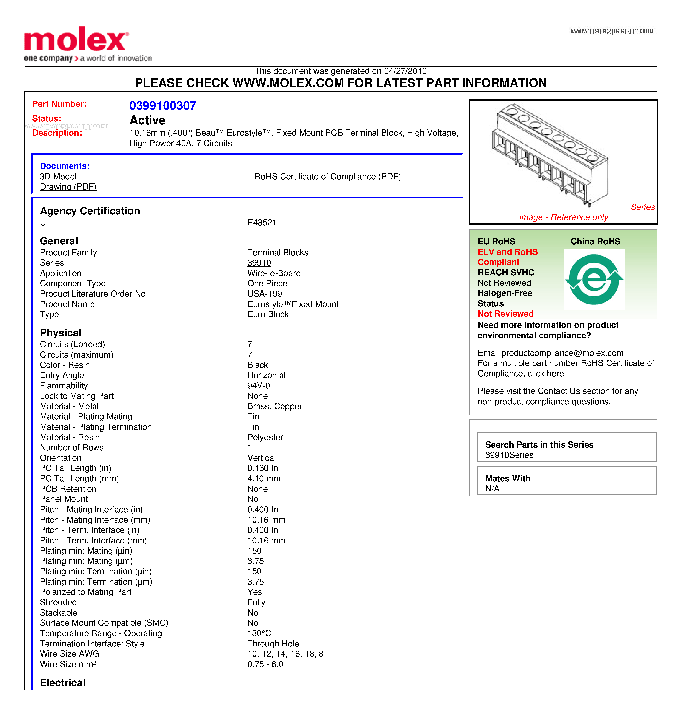 Datasheet 913507 - 10.16mm (.400) Beau Eurostyle Fixed Mount PCB Terminal Block High Voltage High Power 40A 7 Circuits page 1