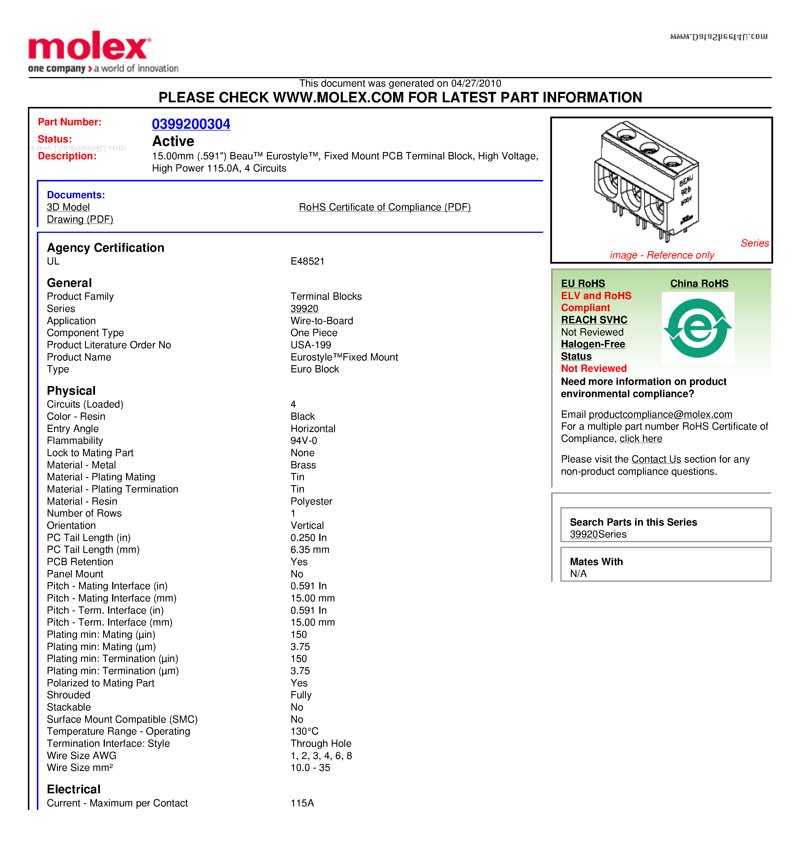 Datasheet 92B0504 - 15.00mm (.591) Beau Eurostyle Fixed Mount PCB Terminal Block High Voltage High Power 115.0A 4 Circuits page 1