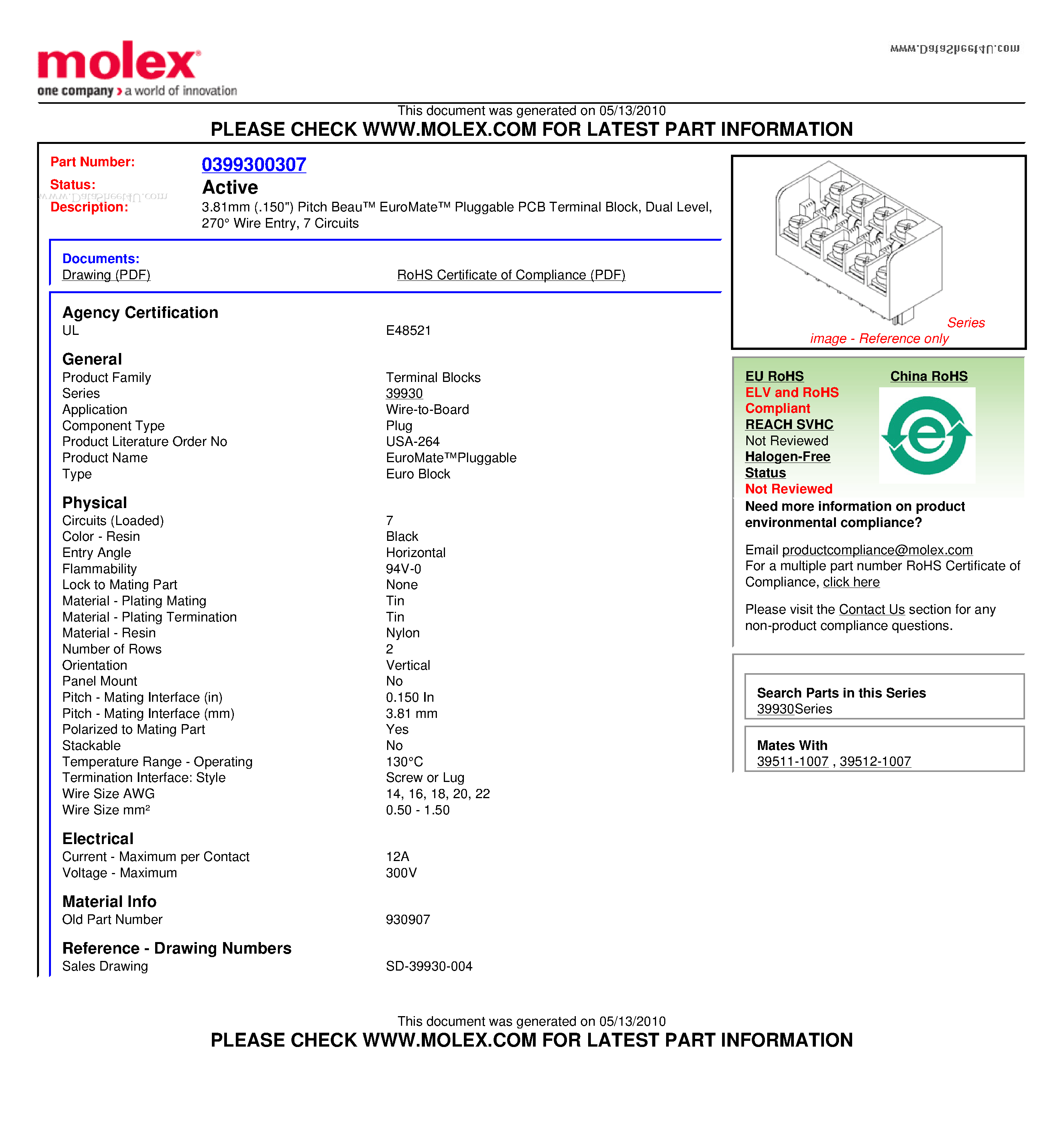 Datasheet 930907 page 1 Datasheet 930907 - 3.81mm (.150) Pitch Beau EuroMate Pluggable PCB Terminal Block Dual Level 270 / Wire Entry 7 Circuits page 1