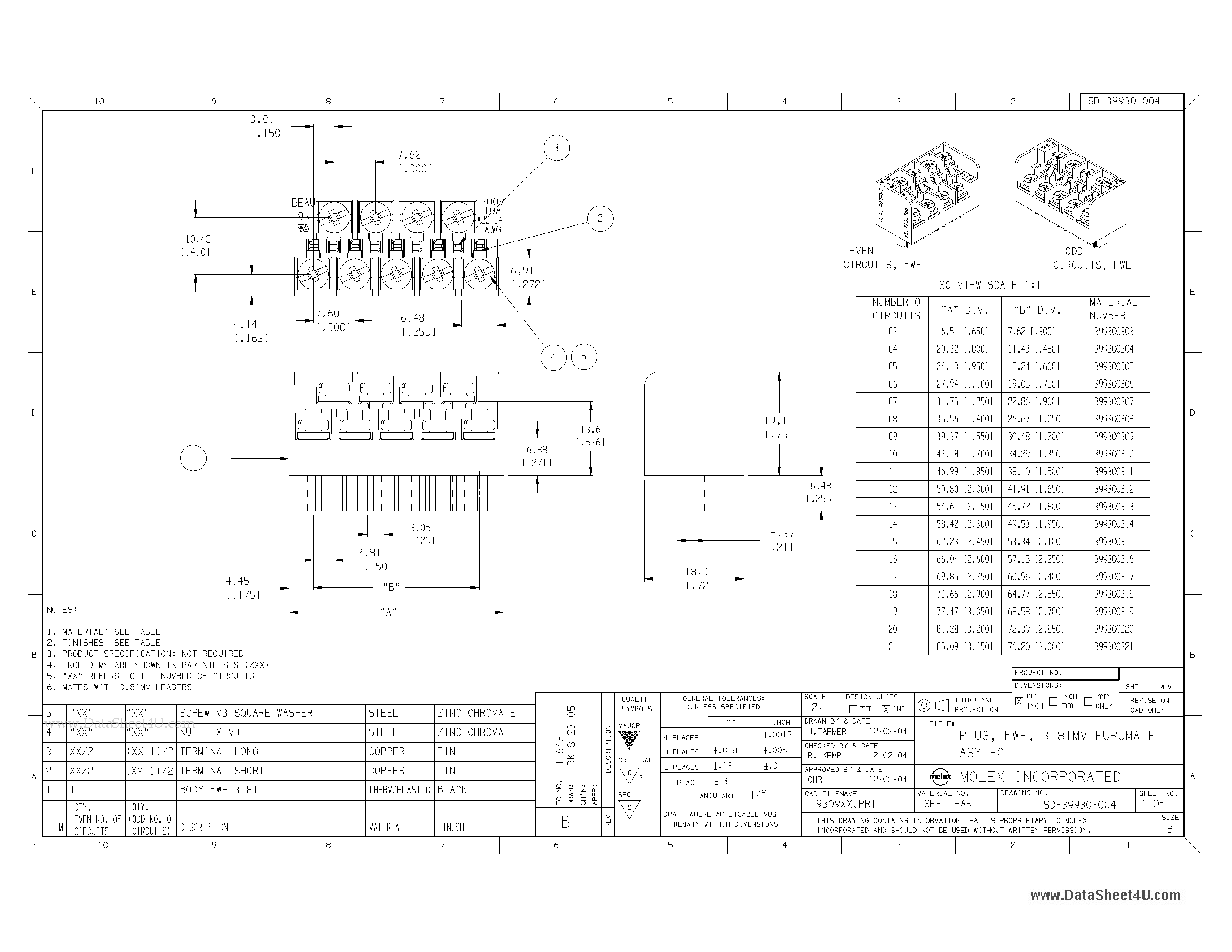 Datasheet 930907 page 2 Datasheet 930907 - 3.81mm (.150) Pitch Beau EuroMate Pluggable PCB Terminal Block Dual Level 270 / Wire Entry 7 Circuits page 2