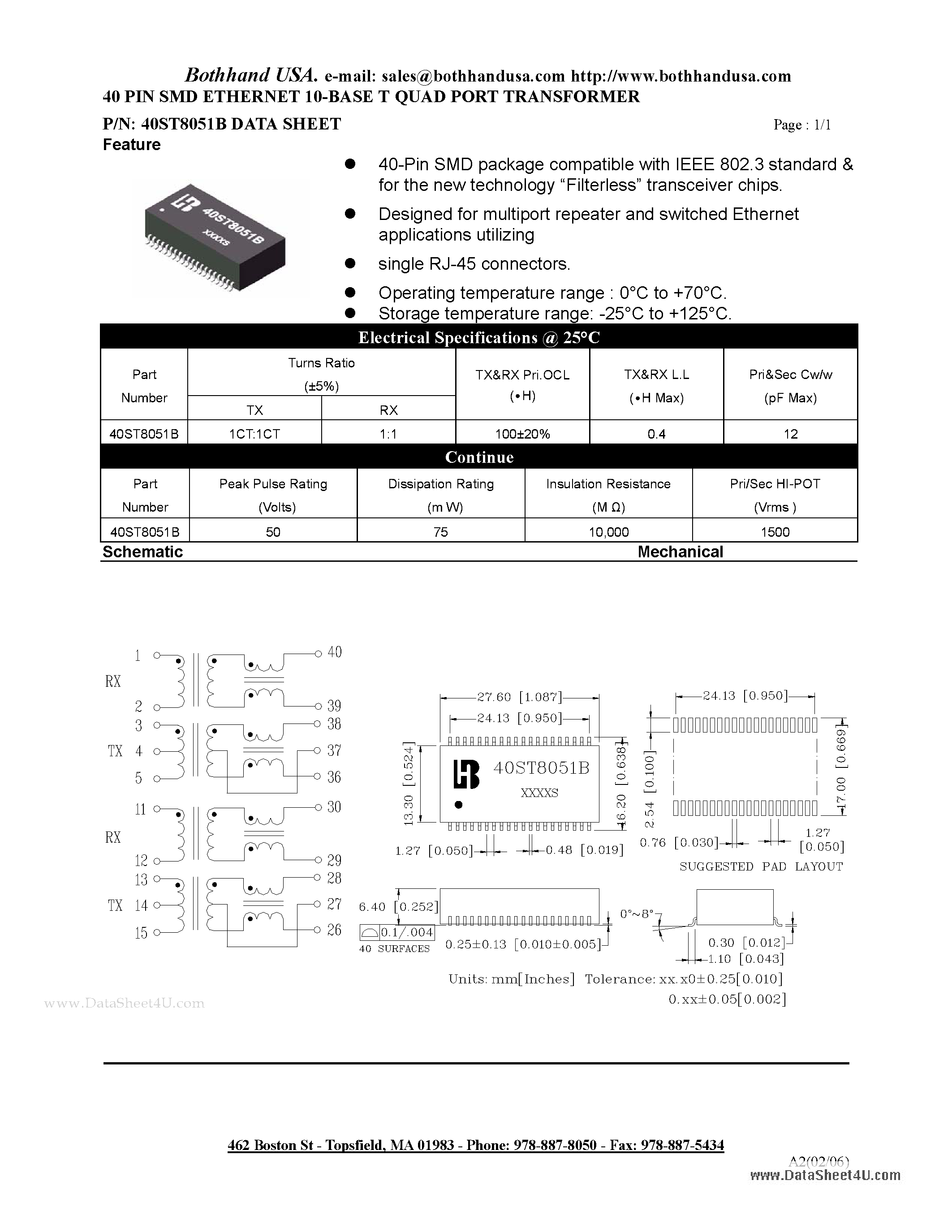 Datasheet 40ST8051B - 40 PIN SMD ETHERNET 10-BASE T QUAD PORT TRANSFORMER page 1