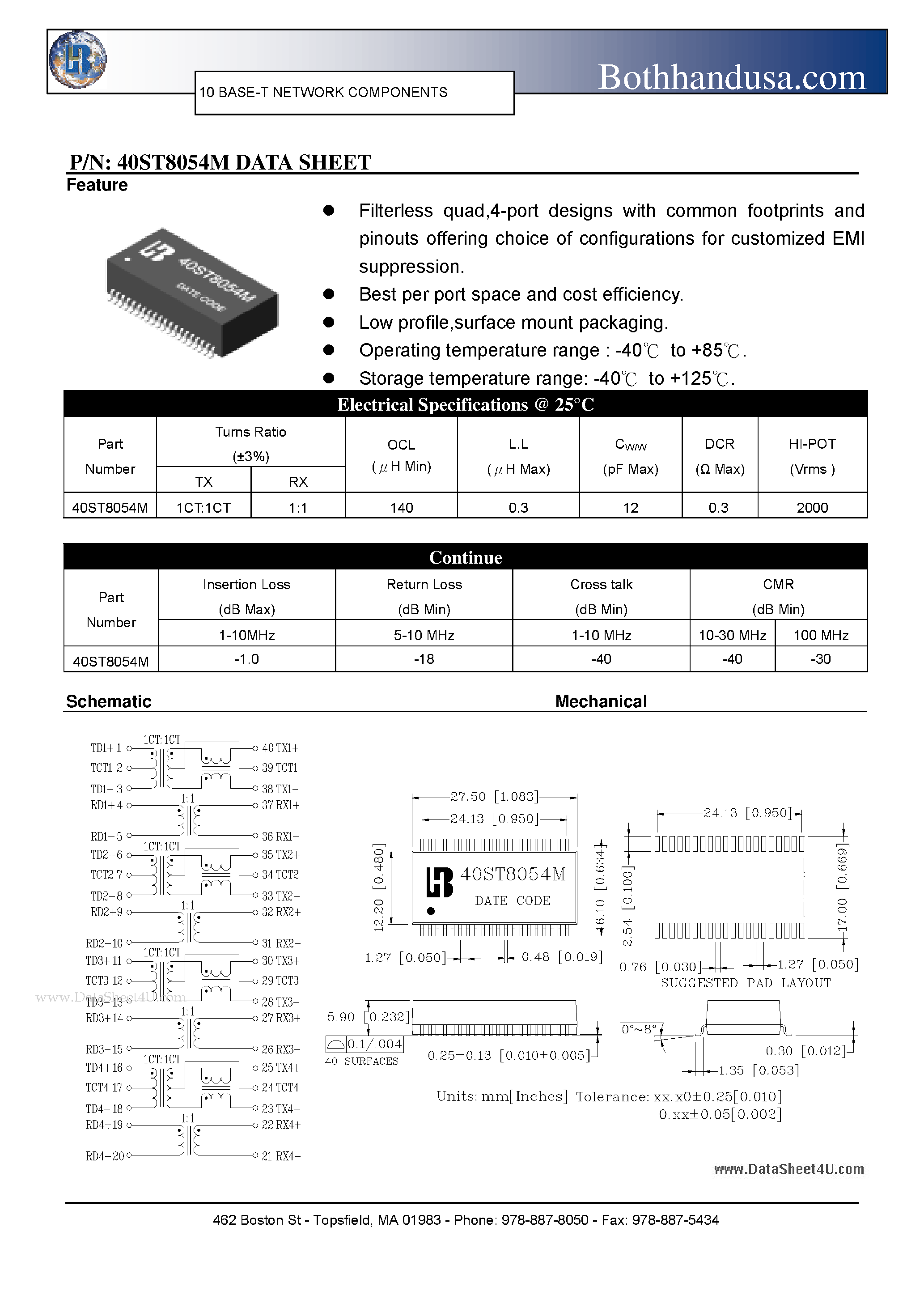 Datasheet 40ST8054M - 10 BASE-T NETWORK COMPONENTS page 1