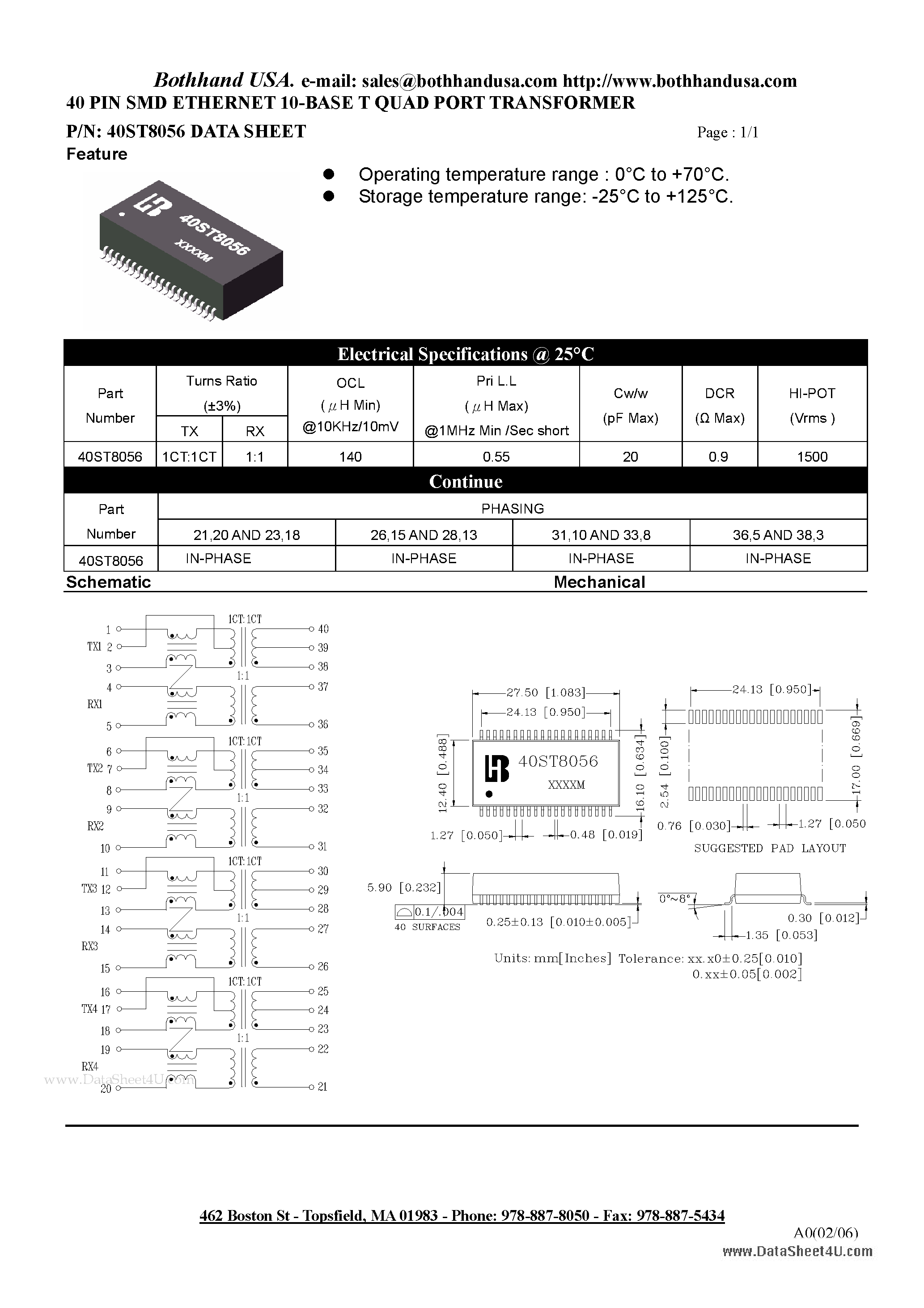 Datasheet 40ST8056 page 1 Datasheet 40ST8056 - 40 PIN SMD ETHERNET 10-BASE T QUAD PORT TRANSFORMER page 1